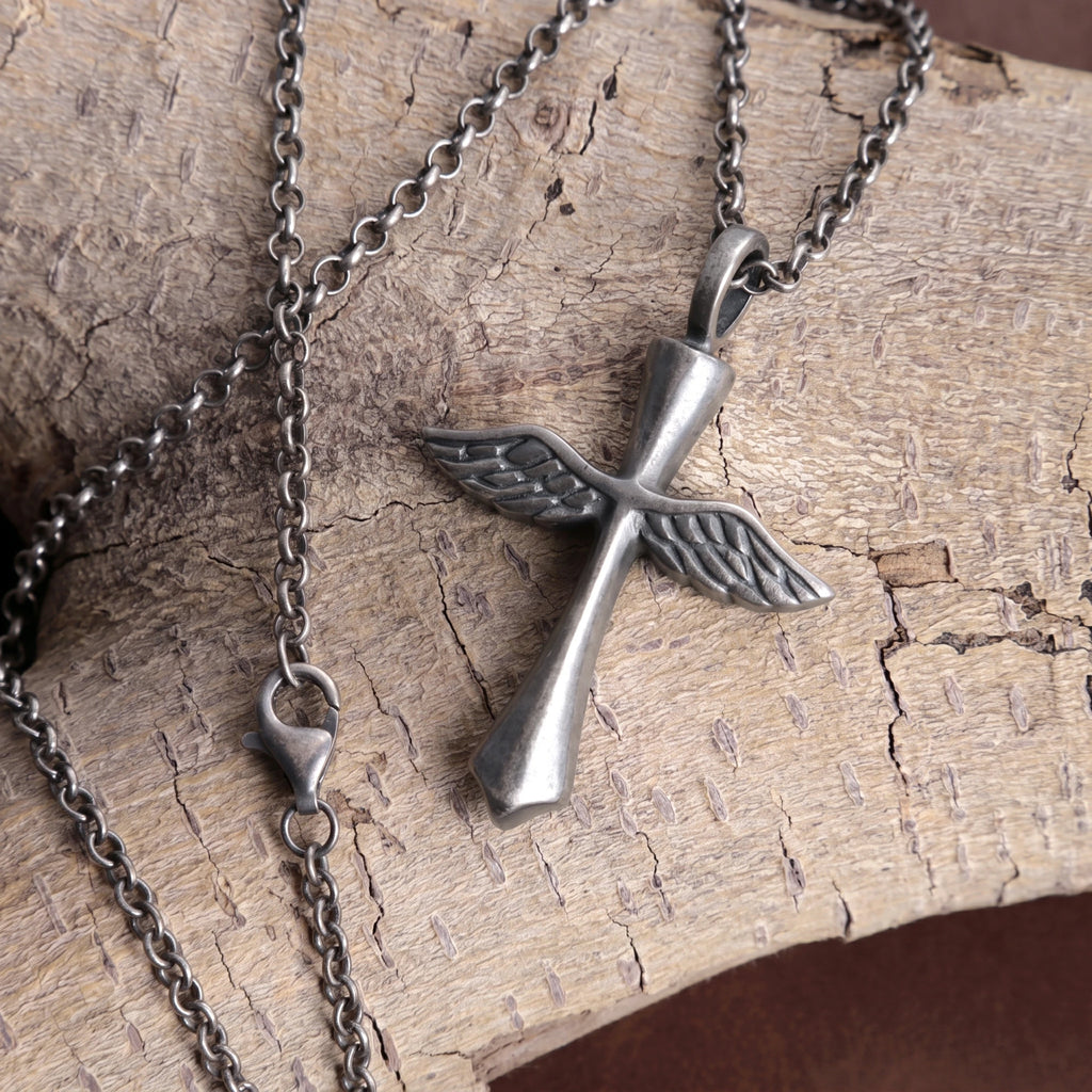 Custom 925 Sterling Silver Angel Wings Cross Pendant Bringing Holy Protection And Grace