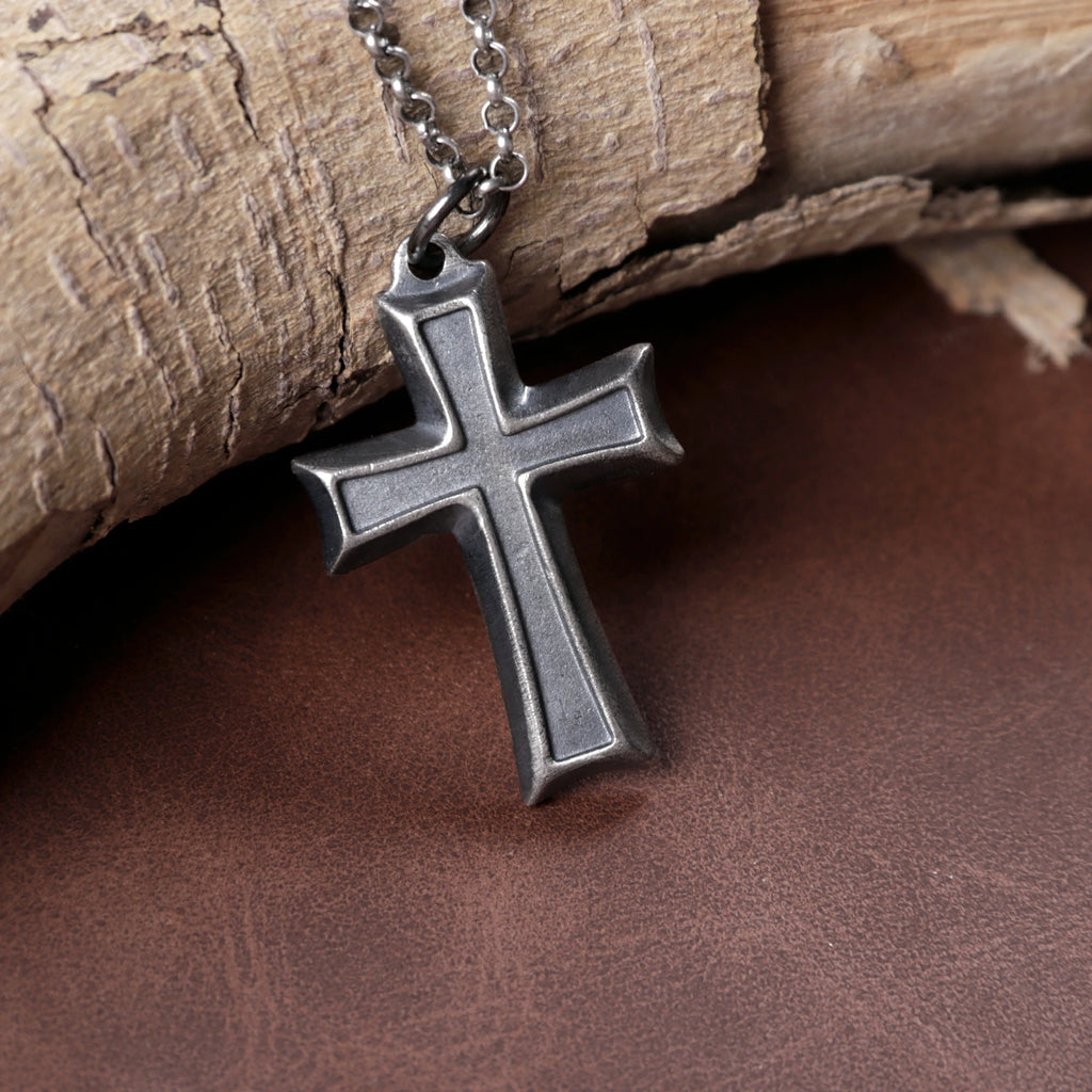 925 Sterling Silver Layered Beveled Cross Durable Custom Engravable Pendant