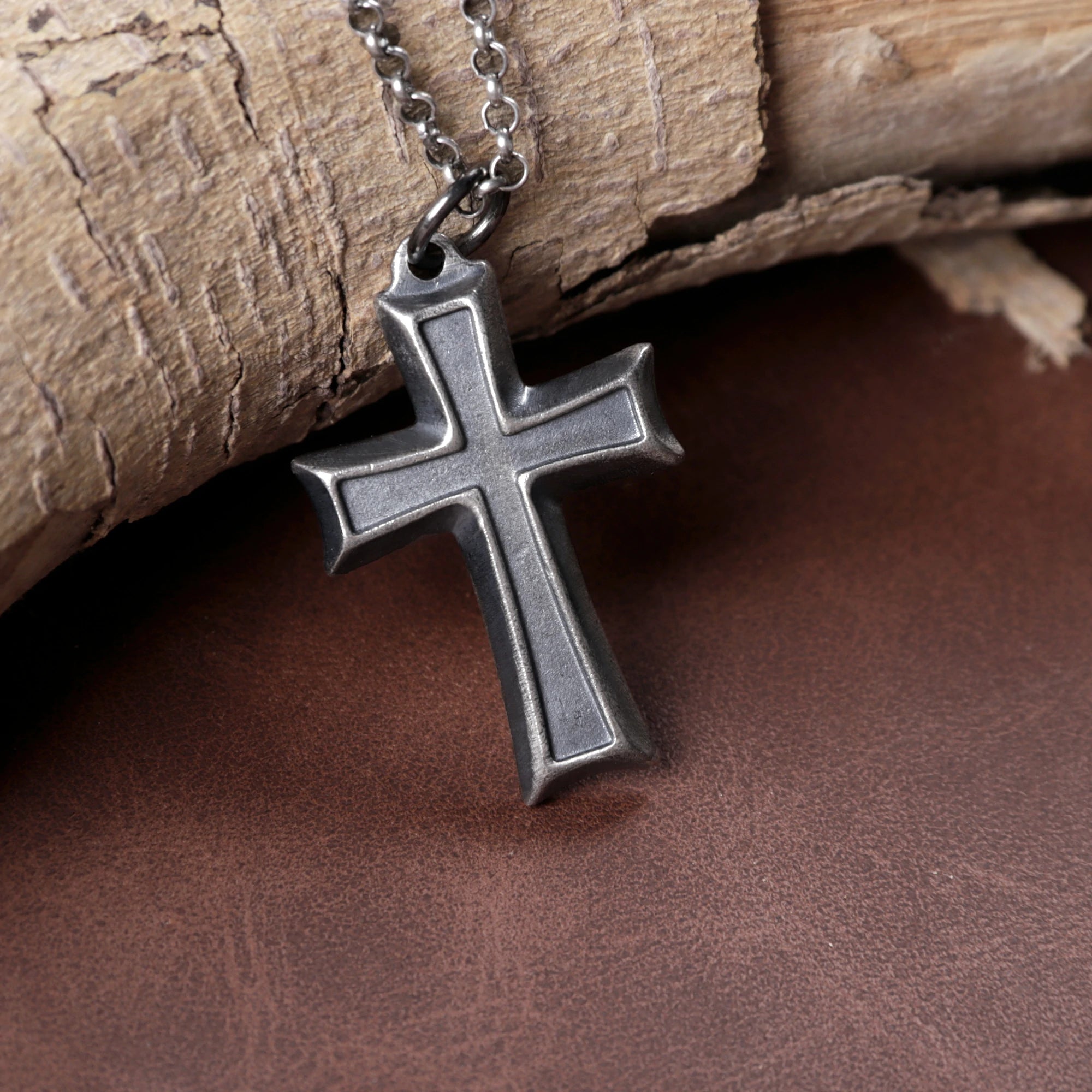 925 Sterling Silver Layered Beveled Cross Durable Custom Engravable Pendant
