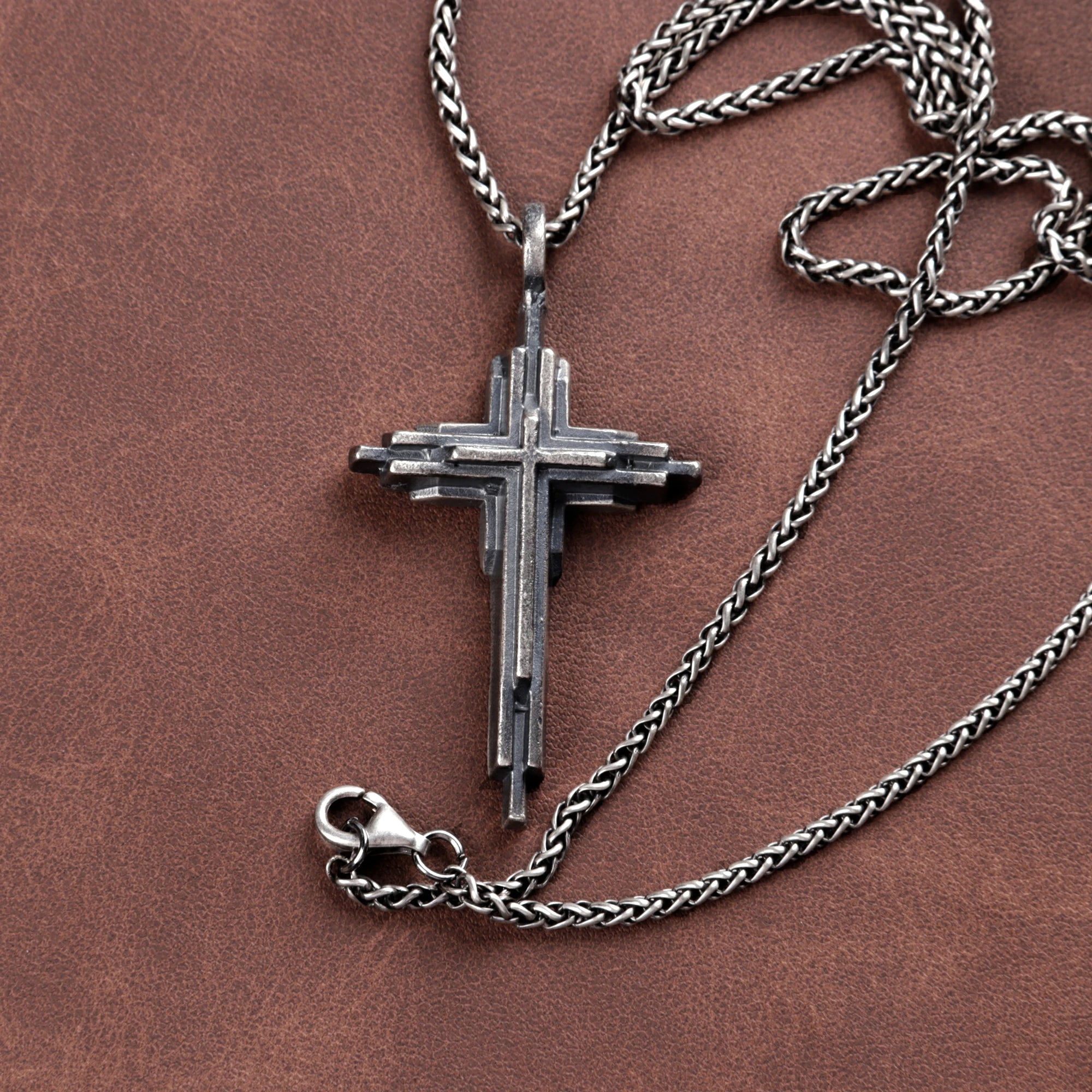 Engraved 925 Sterling Silver Layered Cross Necklace for Sacred Faith & Protection