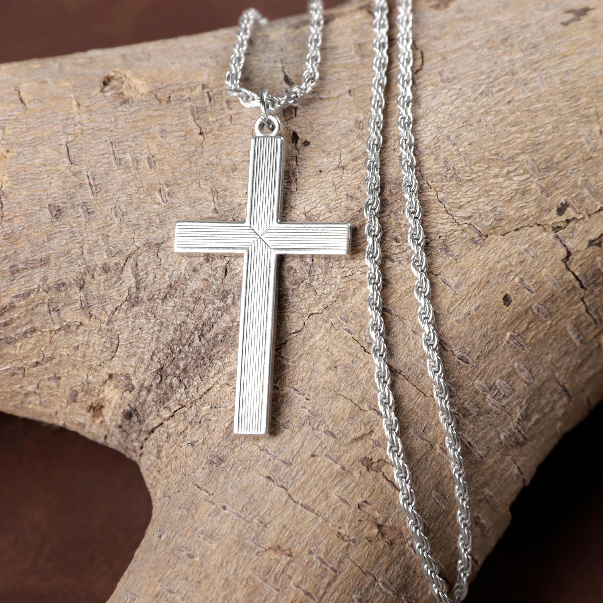 925 Sterling Silver Linear Grooved Cross Durable Custom Engravable Pendant