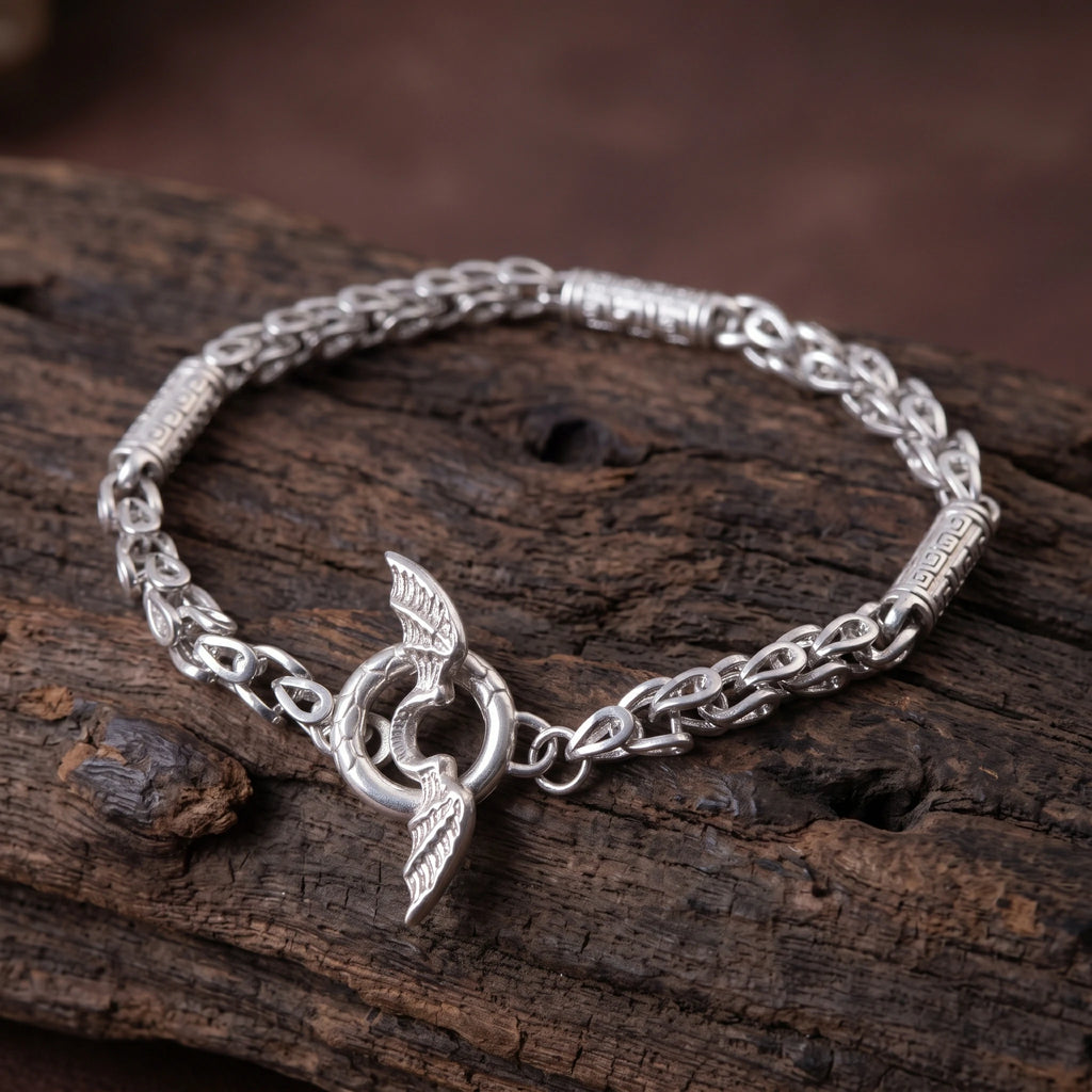 925 Sterling Silver Dragon Scale Barrel Link Bracelet With Winged Clasp Accent