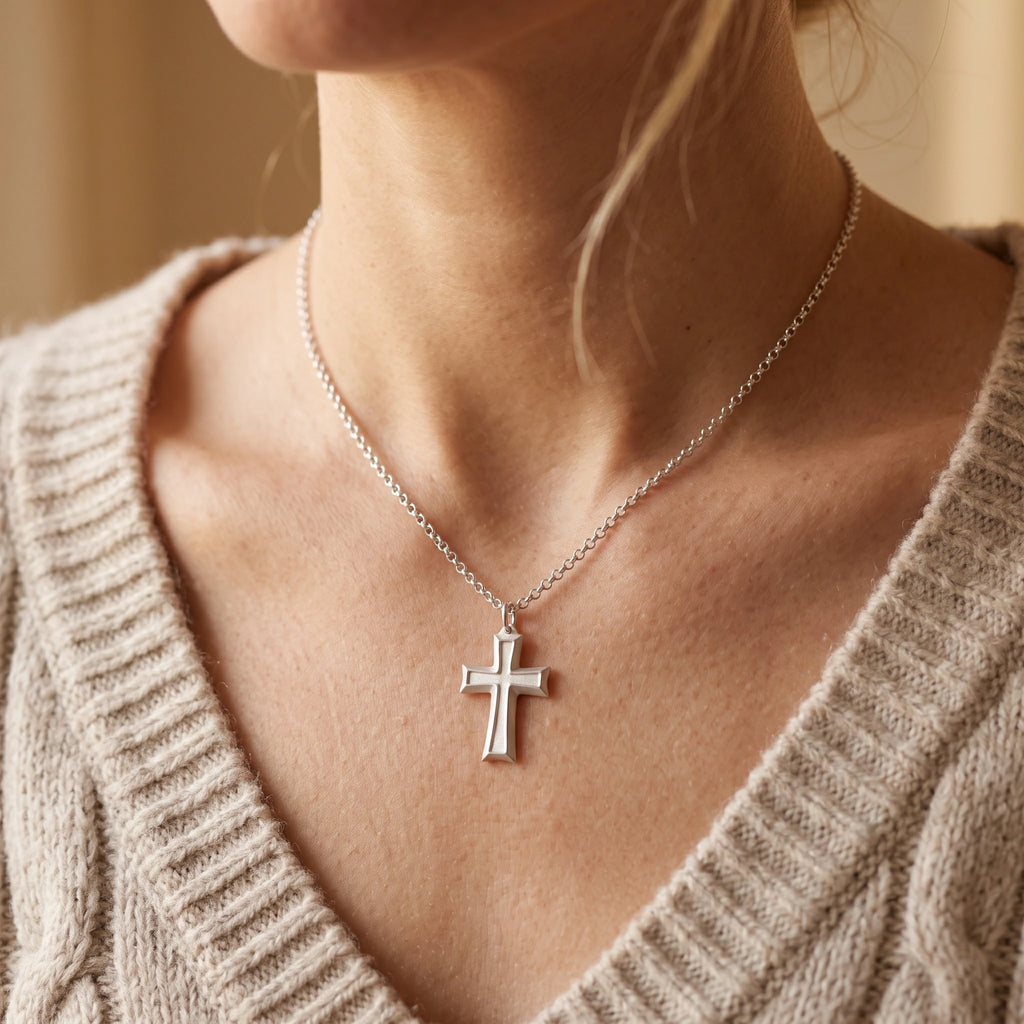 925 Sterling Silver Layered Beveled Cross Durable Custom Engravable Pendant