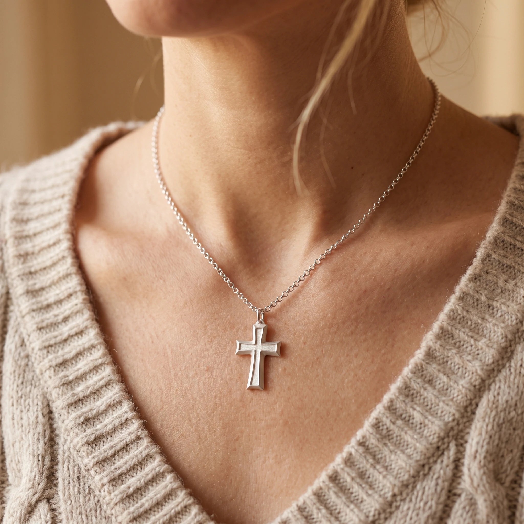 925 Sterling Silver Layered Beveled Cross Durable Custom Engravable Pendant