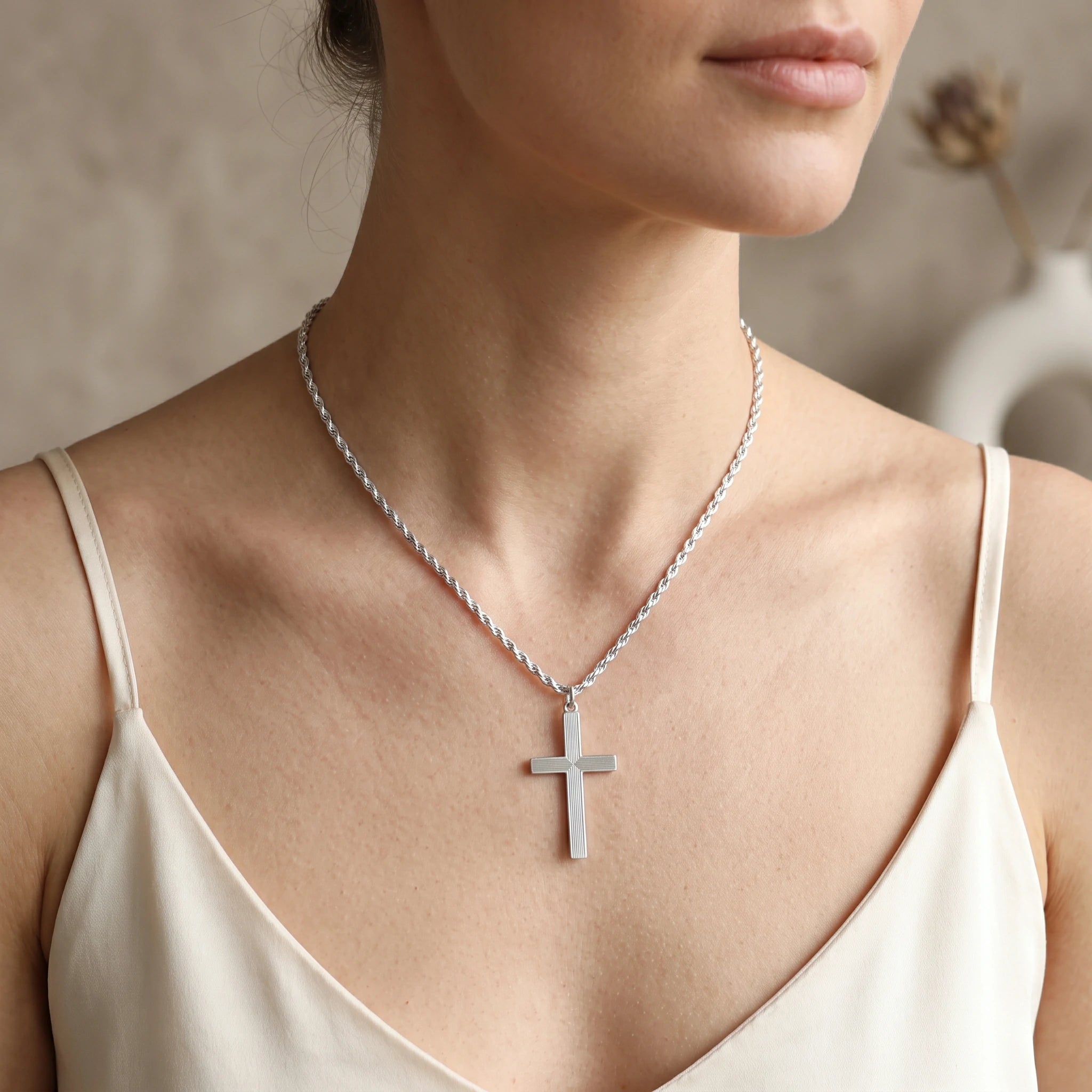 925 Sterling Silver Linear Grooved Cross Durable Custom Engravable Pendant