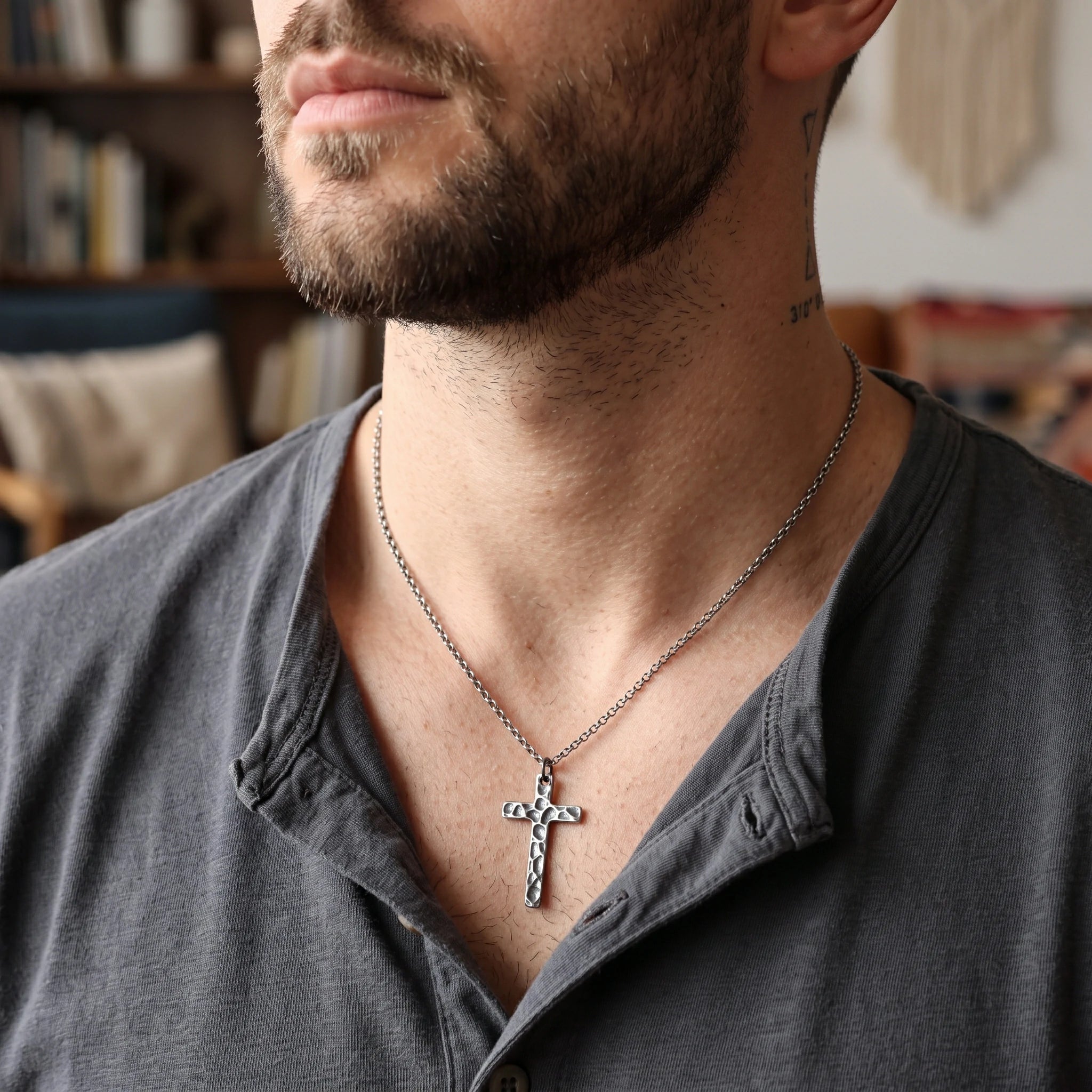 925 Sterling Silver Hammered Cross Durable Faith Protection Necklace
