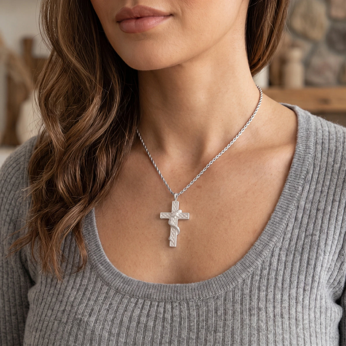 925 Sterling Silver Holy Snake Cross Durable Spiritual Faith Pendant Necklace