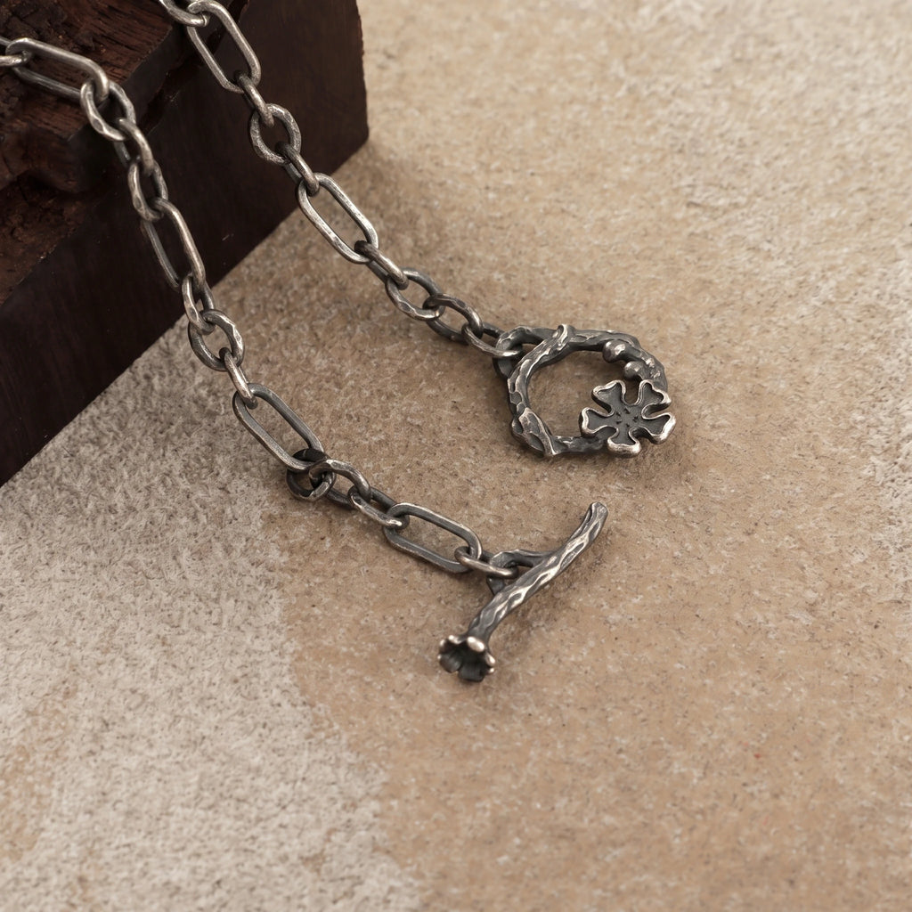 925 Sterling Silver Floral Branch Toggle Clasp Durable Link Chain Bracelet