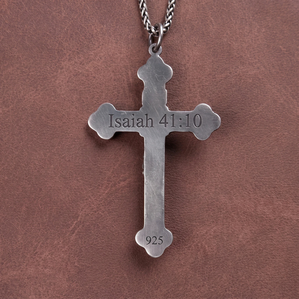 Engraved 925 Silver Crucifix Necklace, Faith & Strength Christian Gift for Men