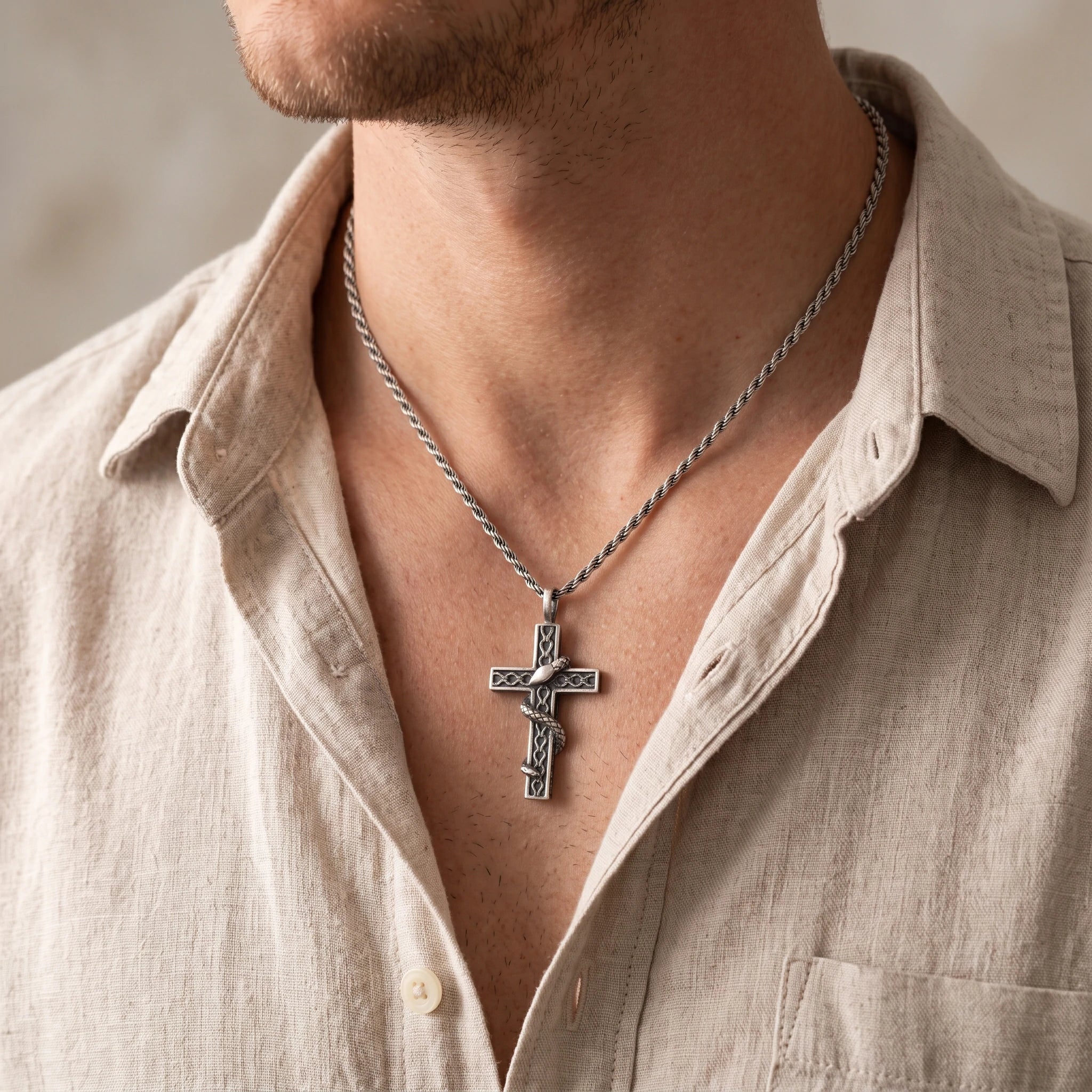 925 Sterling Silver Holy Snake Cross Durable Spiritual Faith Pendant Necklace