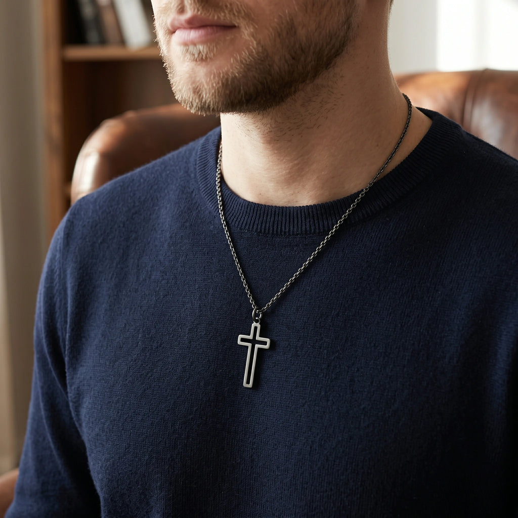 Cutout Cross Pendant Necklace, 925 Sterling Silver Religious Faith Jewelry