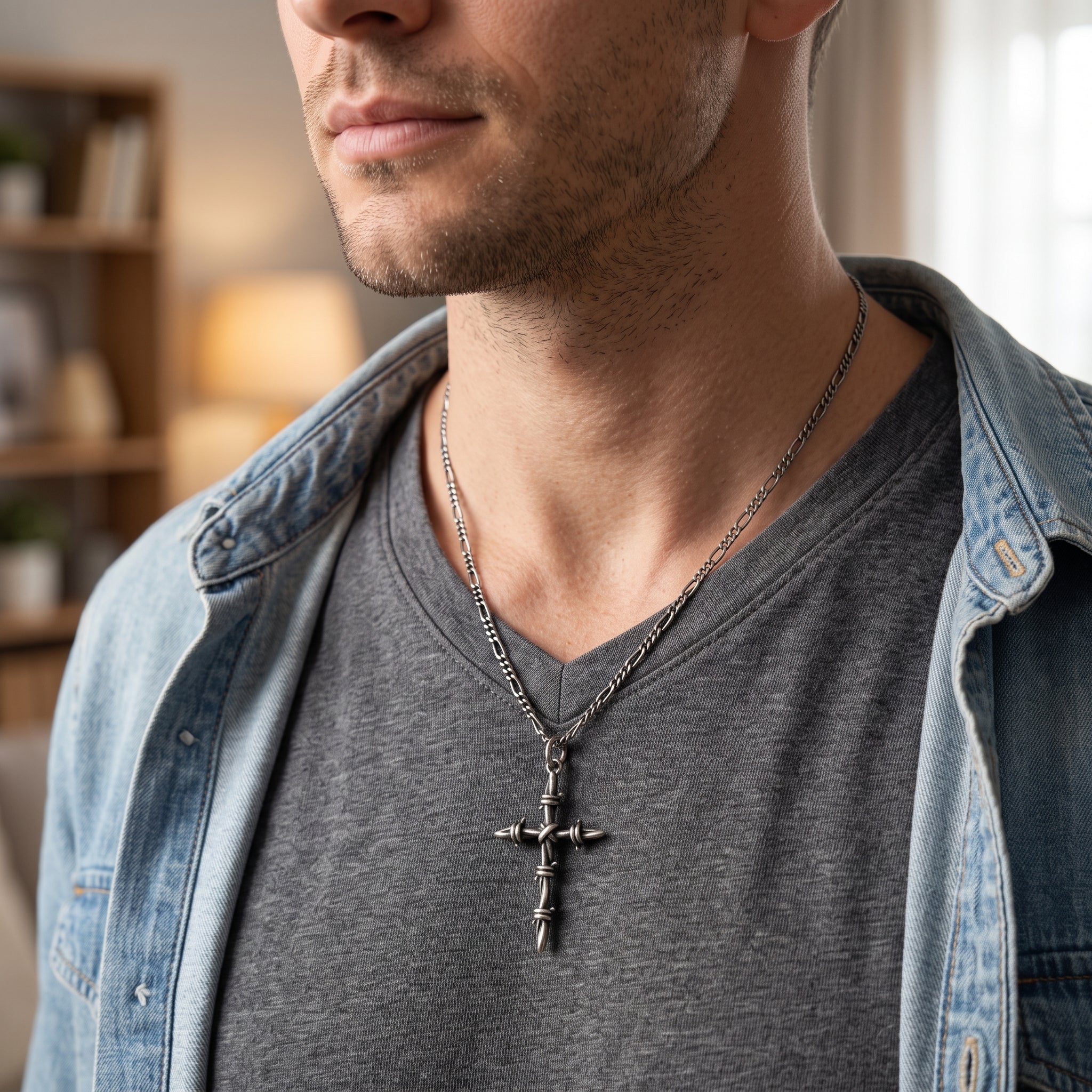 Sacred Thorns Crown Cross, Solid 925 Sterling Silver Devotional Figaro Necklace