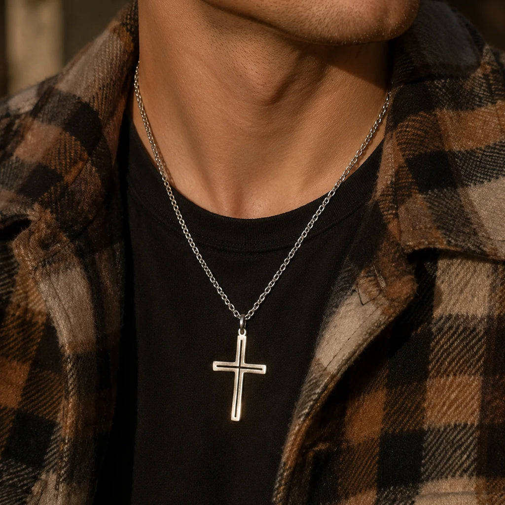 Sacred Light Hollow Cross Pendant, Solid 925 Sterling Silver Faith Alignment Necklace
