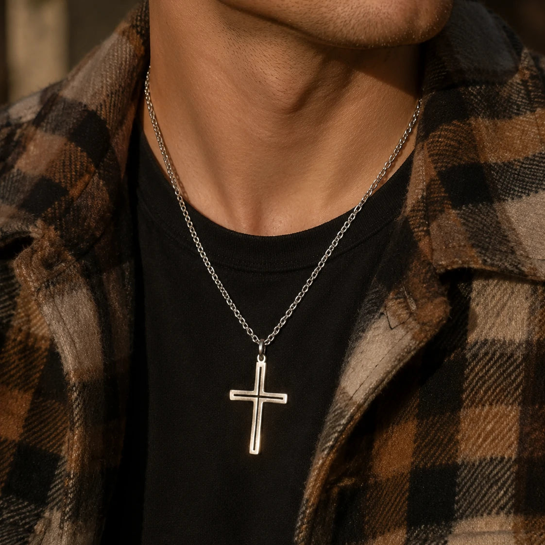 Sacred Light Hollow Cross Pendant, Solid 925 Sterling Silver Faith Alignment Necklace