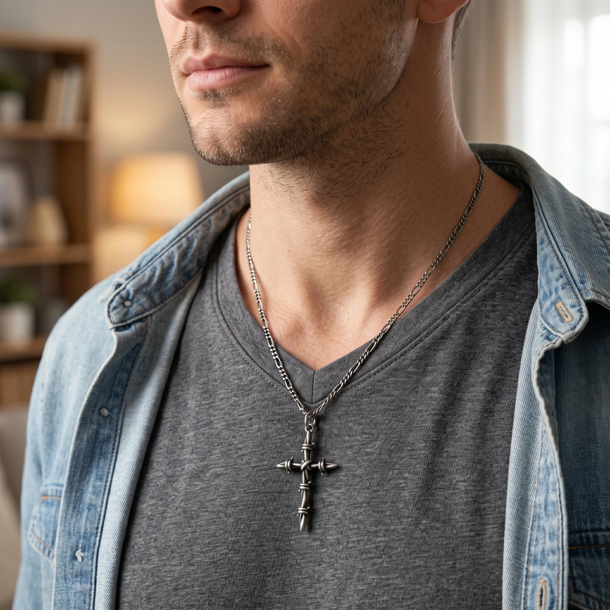 Sacred Thorns Crown Cross, Solid 925 Sterling Silver Devotional Figaro Necklace
