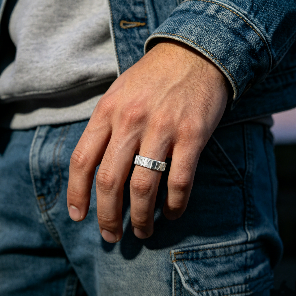 Custom Engraved Vintage Silver Roman Numeral Men Ring