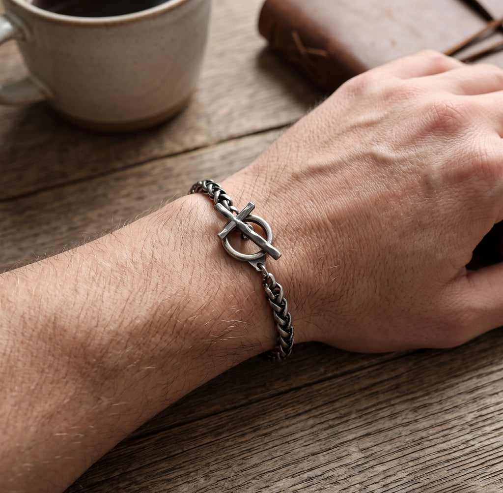 925 Sterling Silver Holy Cross Toggle Clasp Chopin Chain Faith Bracelet