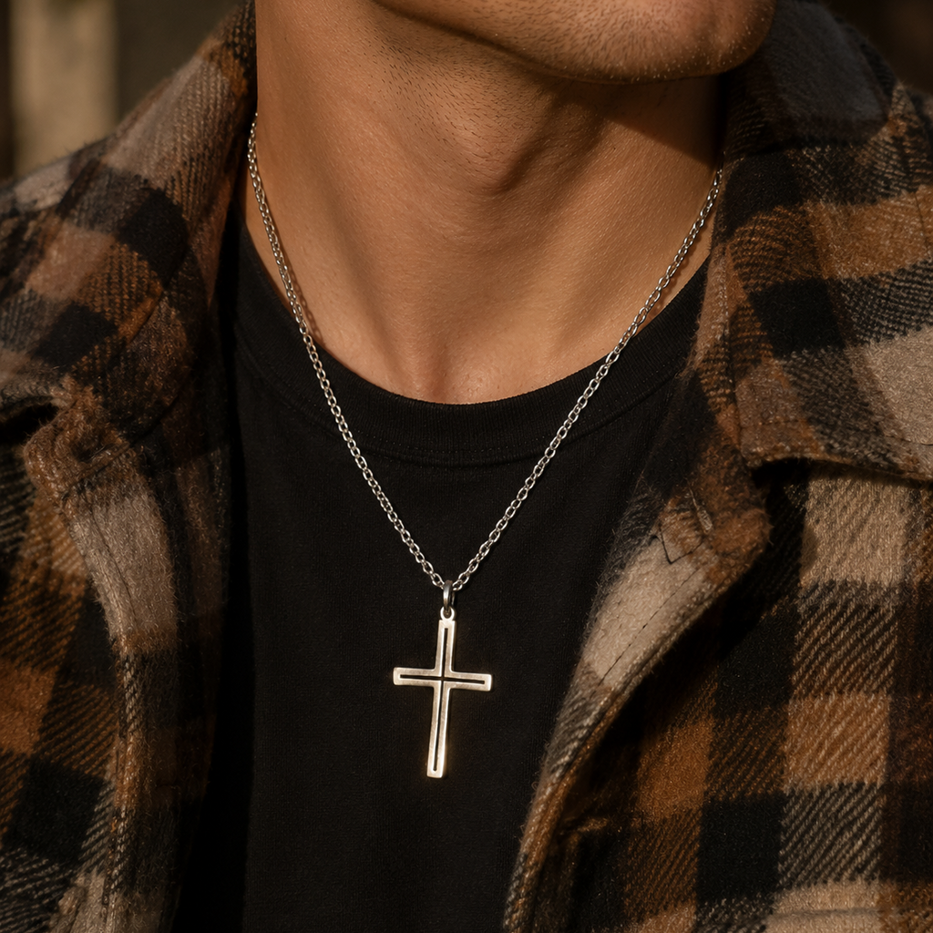 Sacred Light Hollow Cross Pendant, Solid 925 Sterling Silver Faith Alignment Necklace