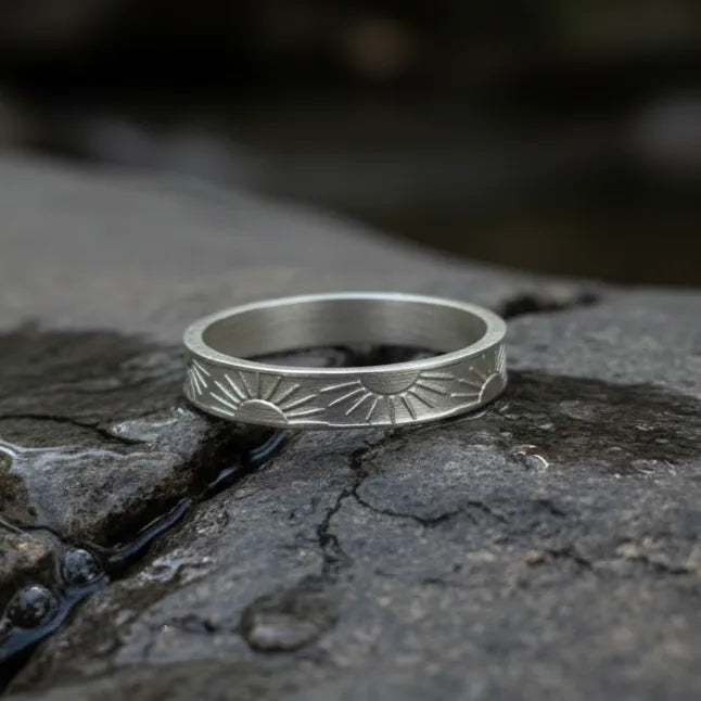 Unisex Sunrise Engraved Solid 925 Sterling Silver Ring-Personalized Memory Band, Wedding Bands