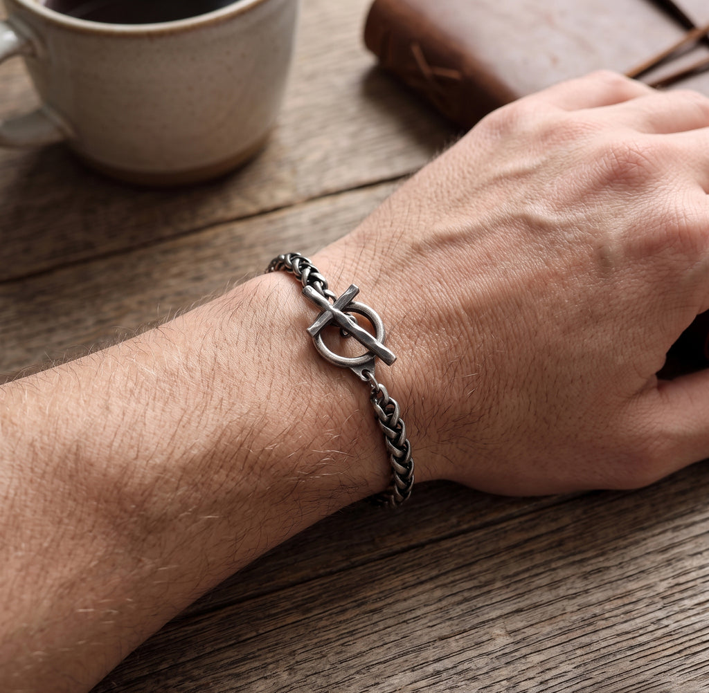 925 Sterling Silver Holy Cross Toggle Clasp Chopin Chain Faith Bracelet