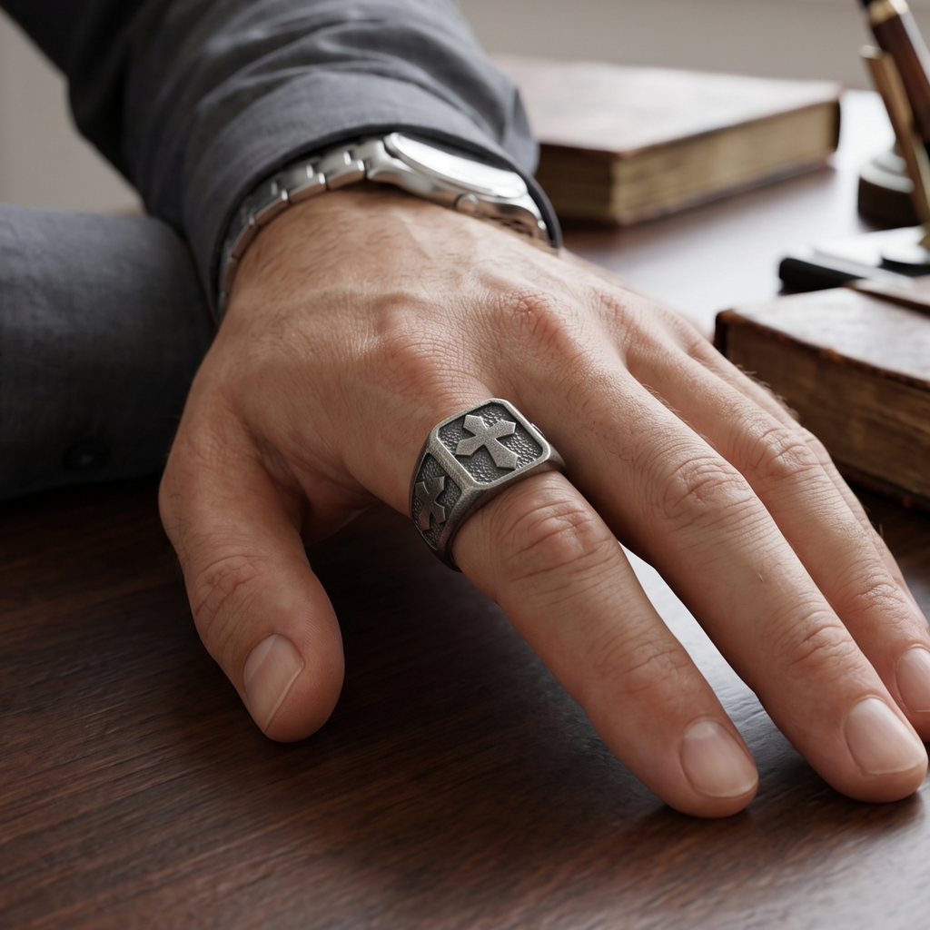 Personalized Men's Cross Signet Ring - Vintage Gift for Him