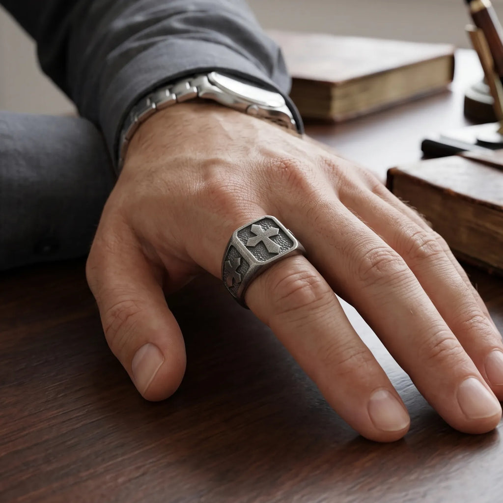 Personalized Men's Cross Signet Ring - Vintage Gift for Him-925 Sterling Silver