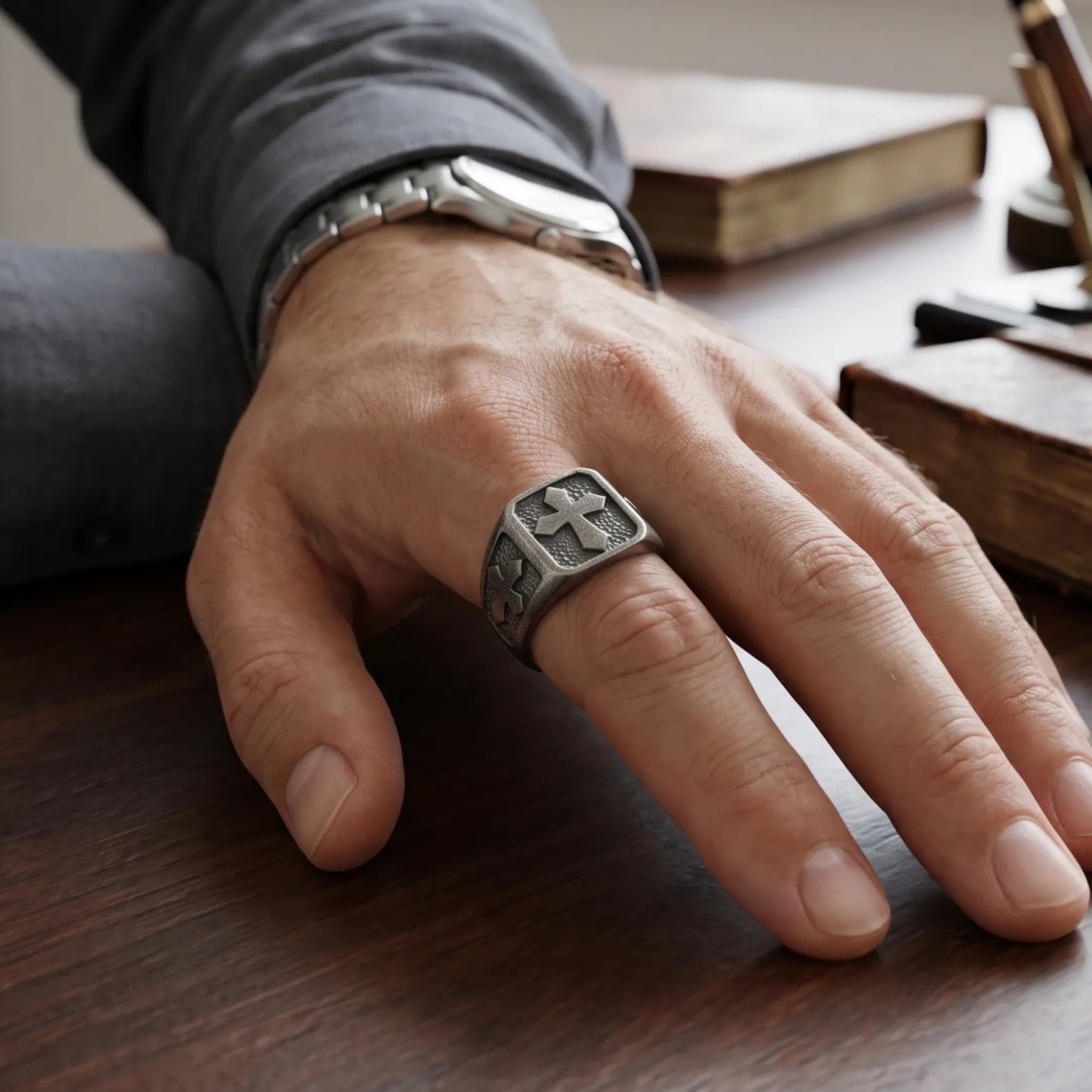 Personalized Men's Cross Signet Ring - Vintage Gift for Him-925 Sterling Silver