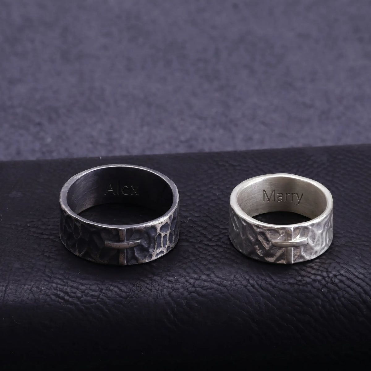 925 Sterling Silver Hammered Cross Matching Couple Rings, Custom Engraved Textured Wedding Bands for Him & Her, Promise Ring