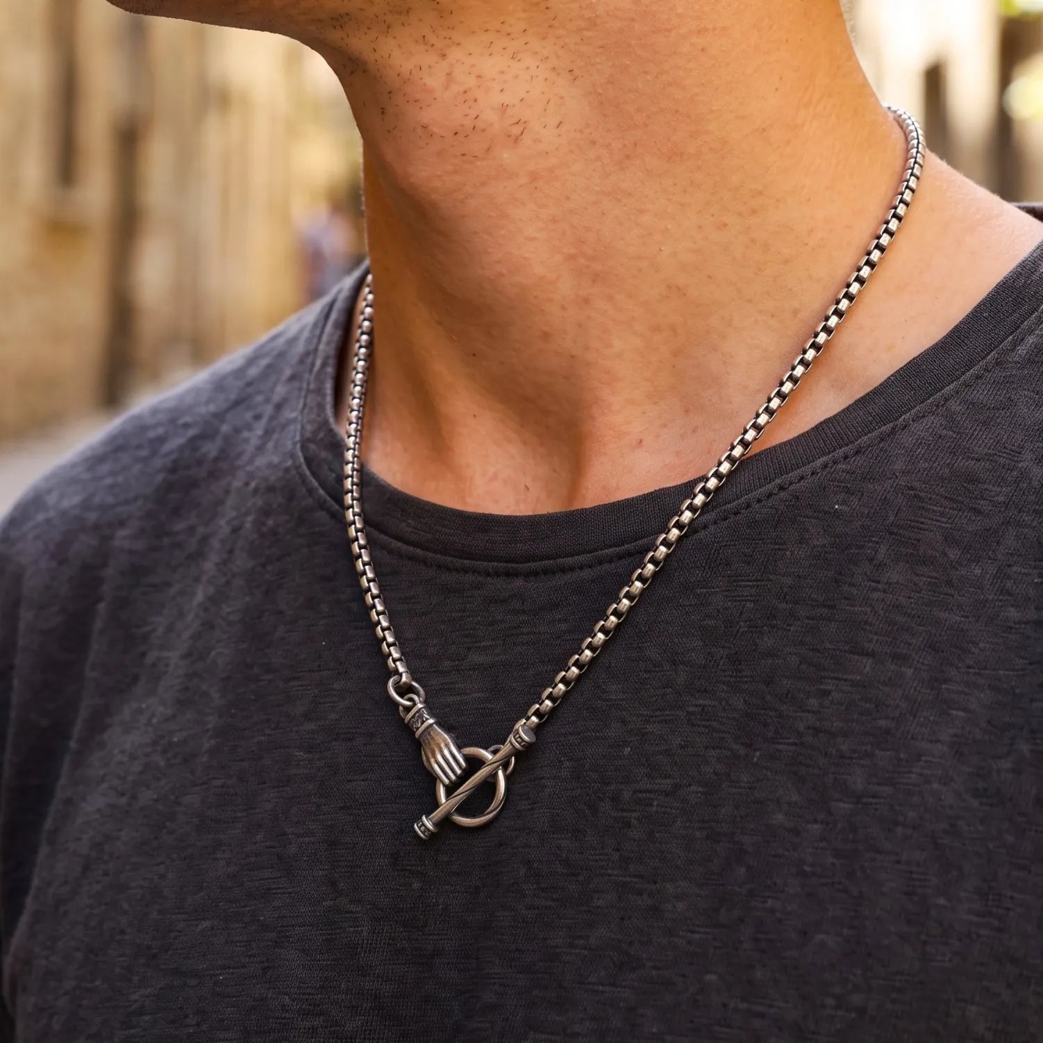 Vintage 925 Sterling Silver Hand OT Toggle Box Chain Men Necklace Gift for Him Birthday-3mm-5mm Sizes