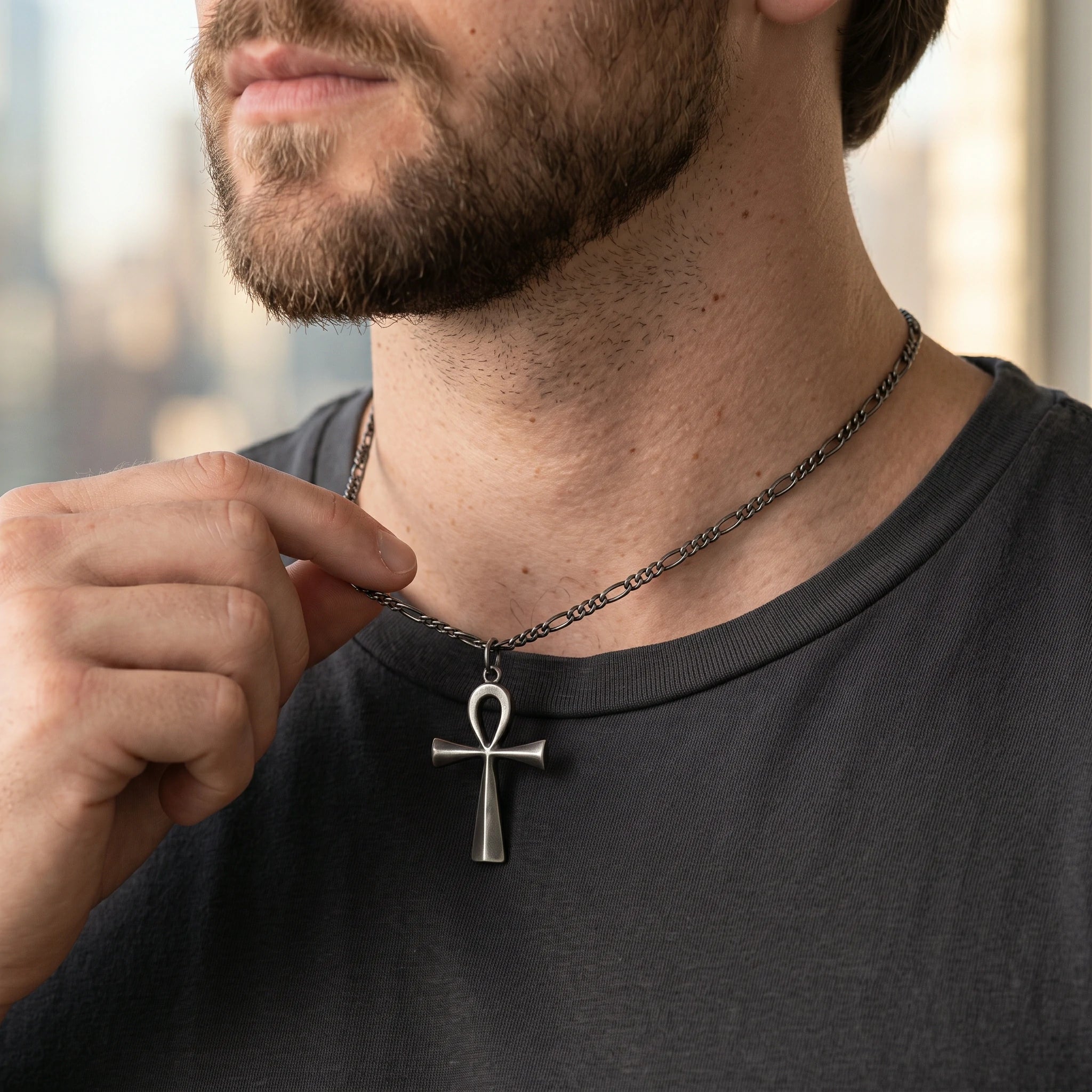 925 Sterling Silver Beveled Ankh Holy Cross Durable Faith Pendant Necklace