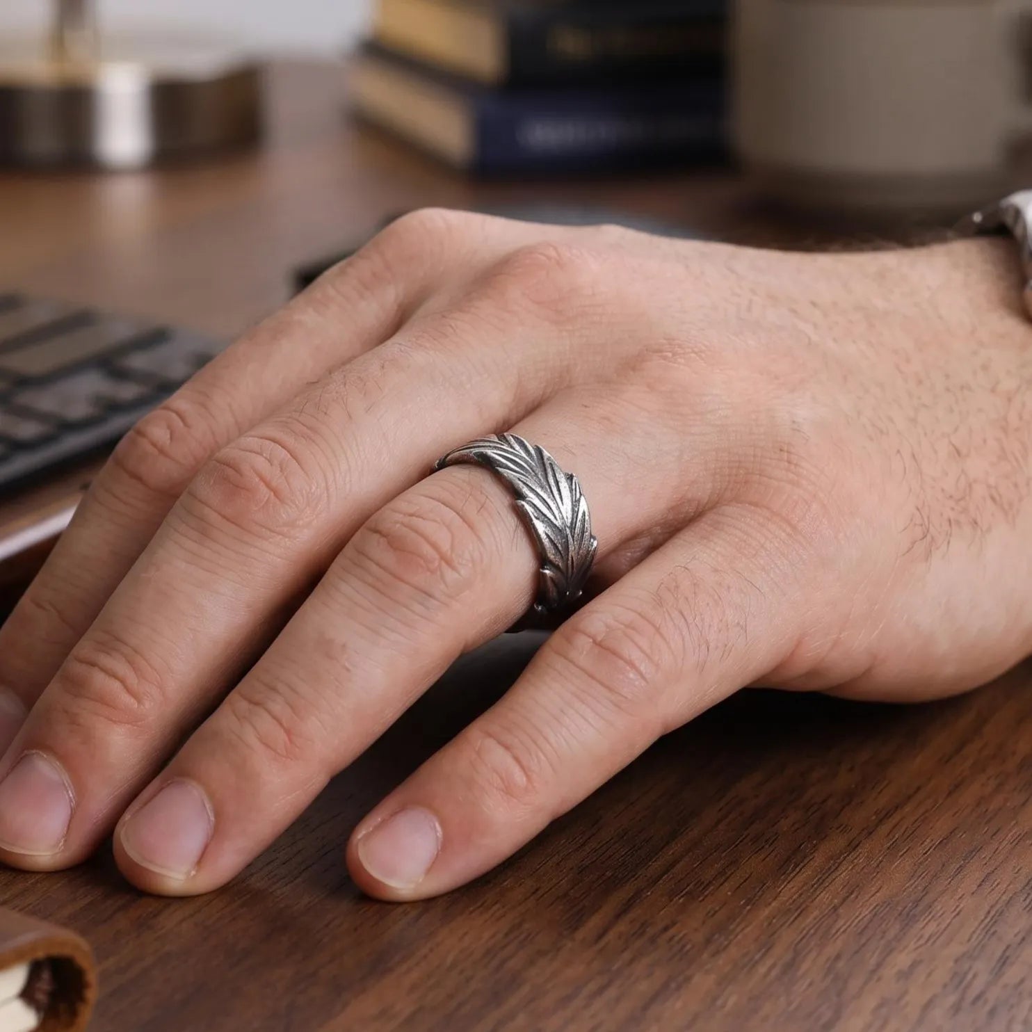 Vintage Oxidized 925 Sterling Silver Olive Leaf Ring-Custom Gift for Him