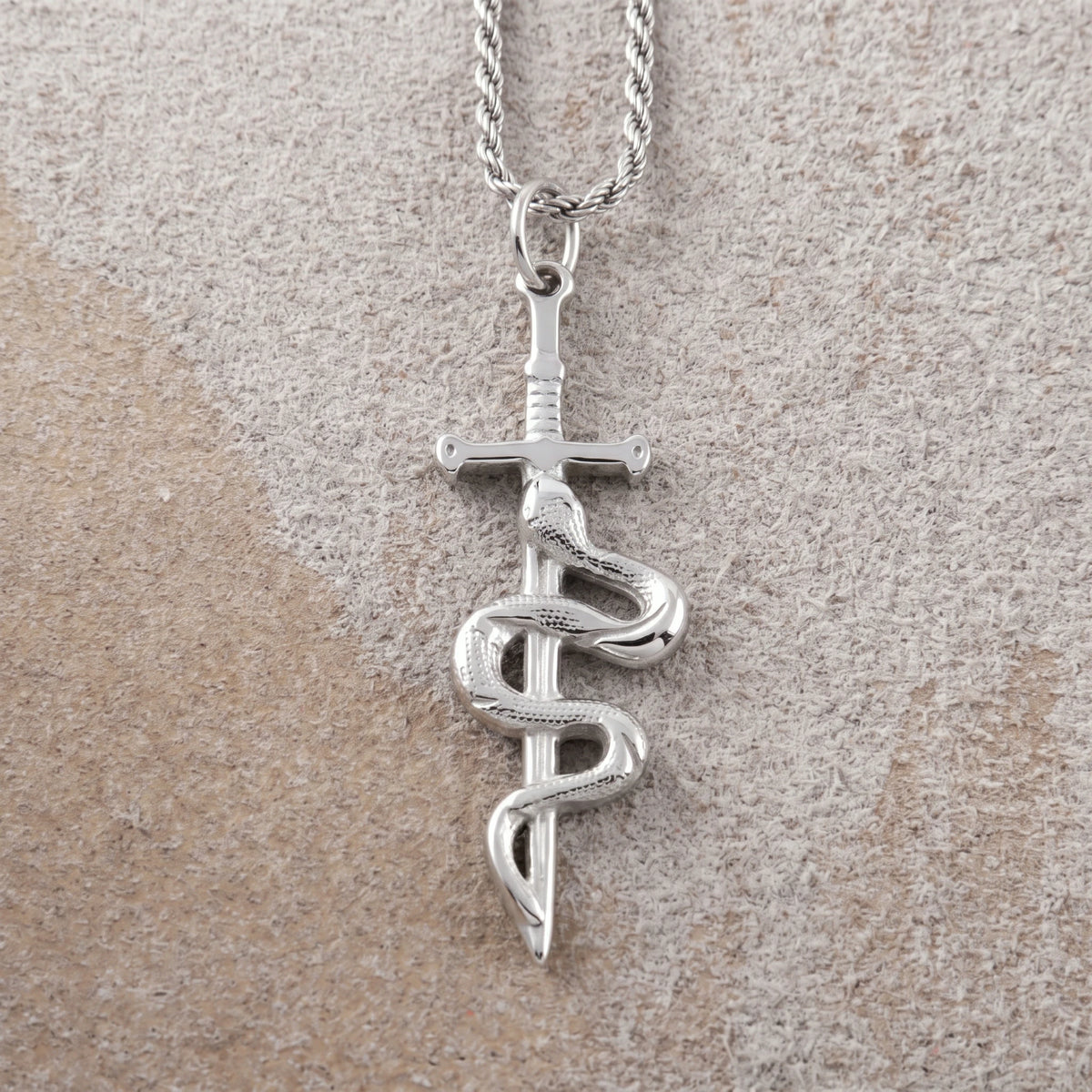 925 Sterling Silver Vintage Durable Snake and Sword Pendant Necklace