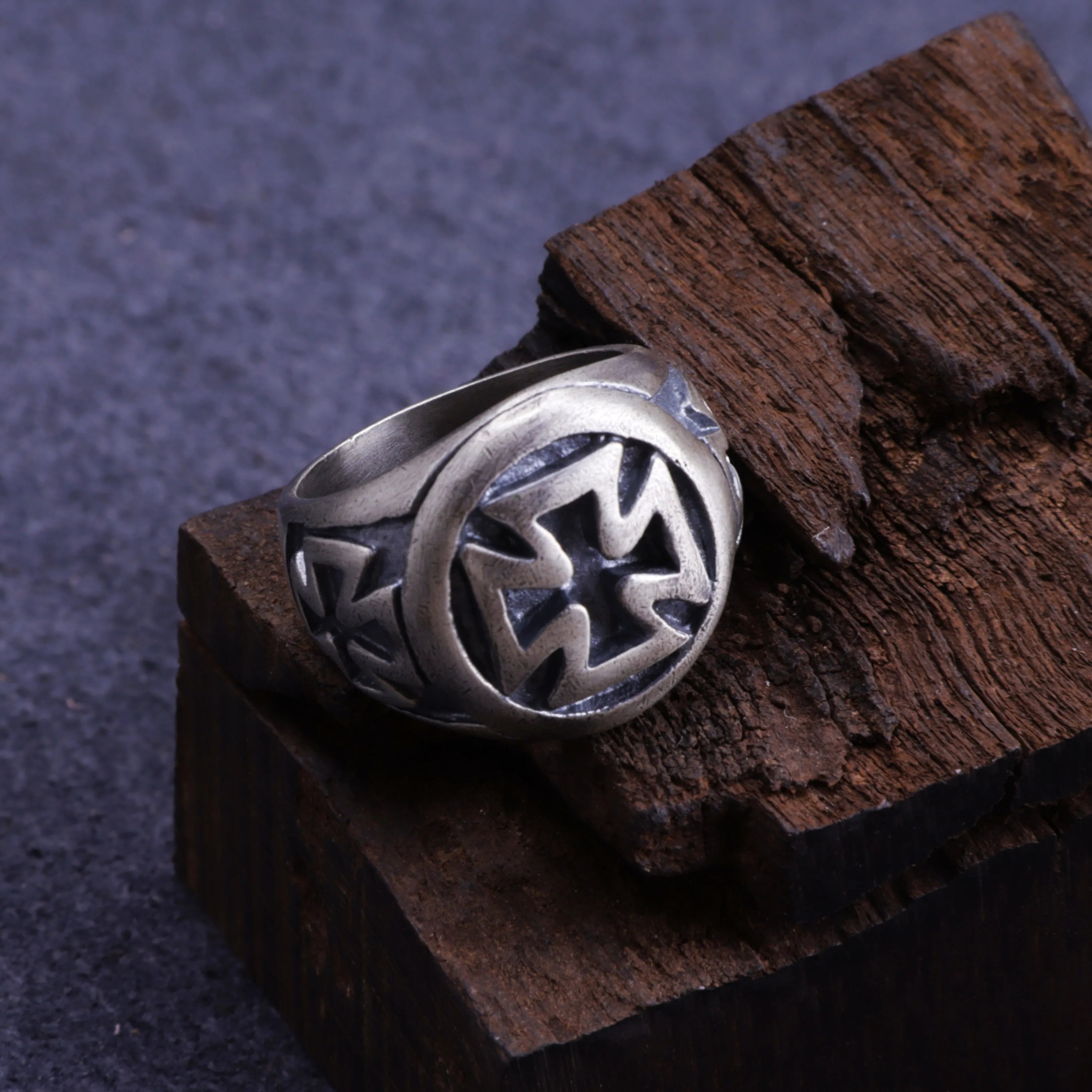 Vintage Oxidized 925 Sterling Silver Iron Cross Signet Ring, Custom Inner Engraving Men’s Biker Tough Jewelry