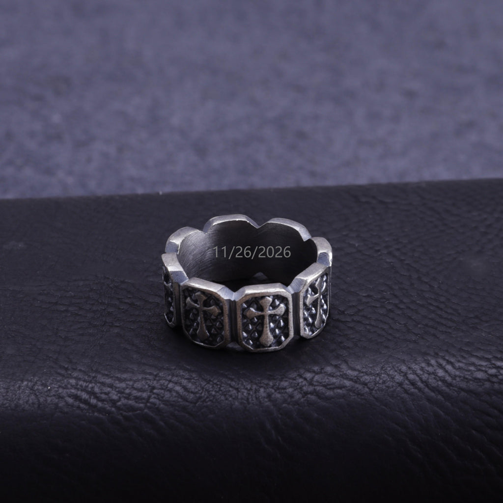 Personalized Mens Vintage Cross Ring - Custom Engraved Band