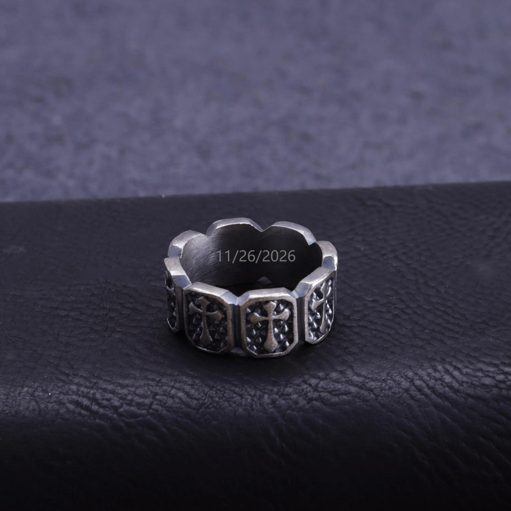 Personalized Mens Vintage 925 Sterling Silver Cross Ring - Custom Engraved Band