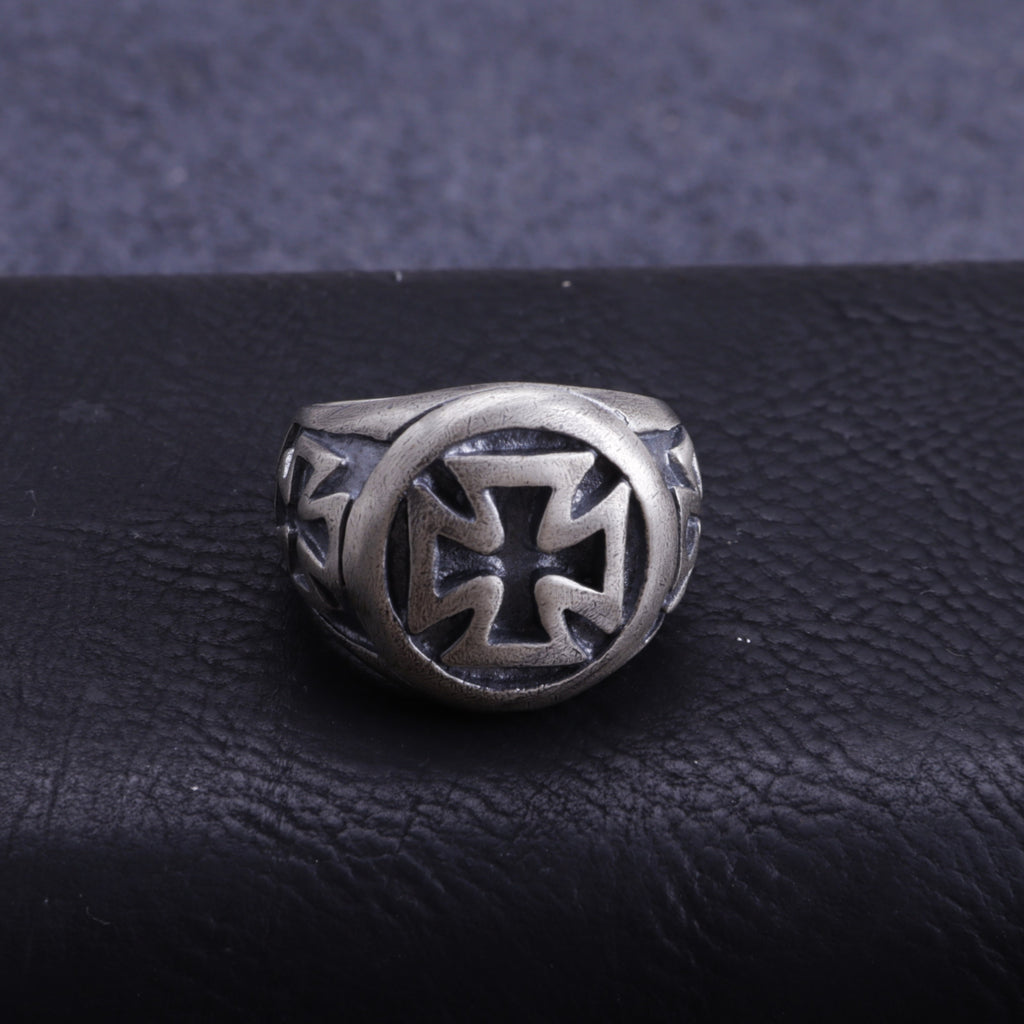 Vintage Oxidized Iron Cross Signet Ring, Custom Inner Engraving Men’s Biker Tough Jewelry