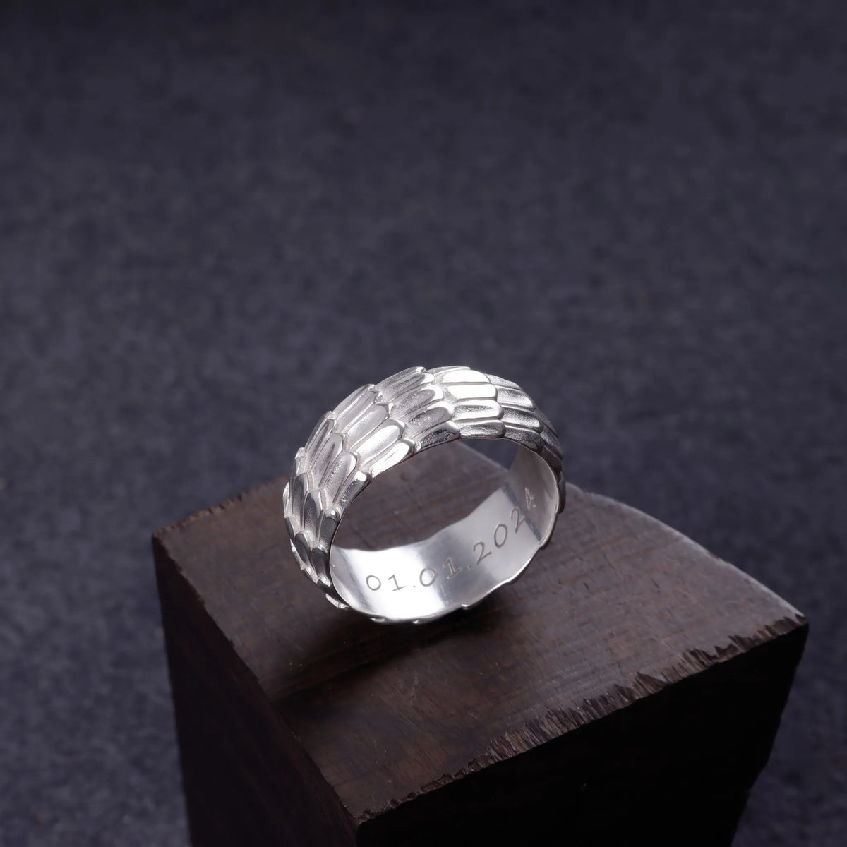 Men's Dragon Scale Ring, Personalized 925 Sterling Silver Band for Men, Custom Engraved Armor Promise Ring Gift