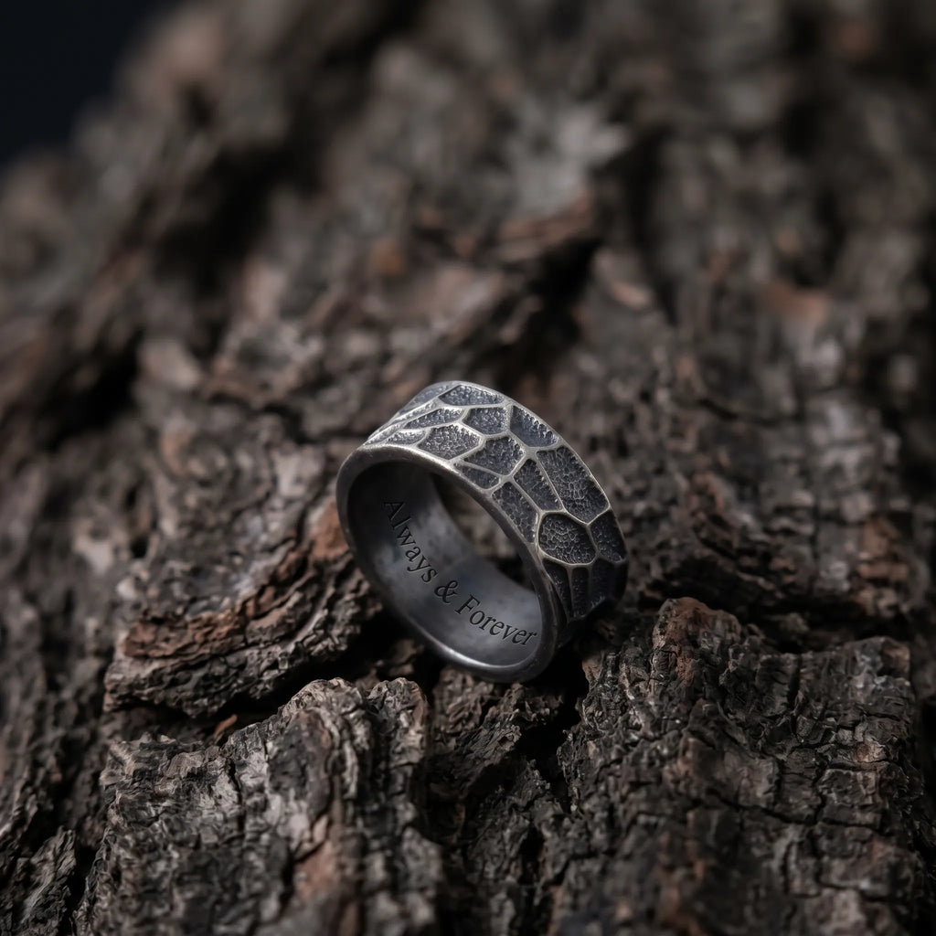 Personalized Textured Solid 925 Sterling Silver Ring, Engraved Rustic Band for Men
