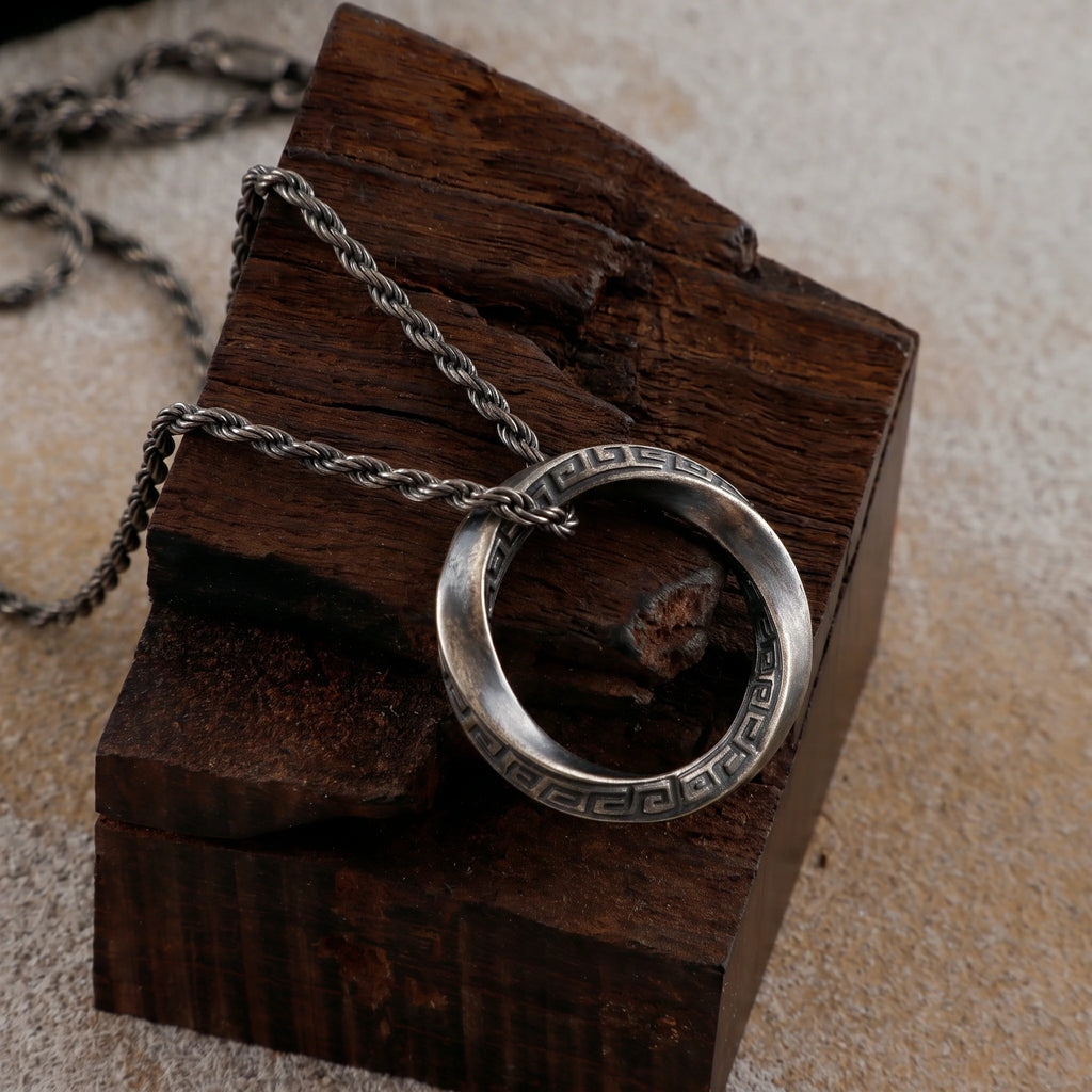925 Sterling Silver Mobius Ring Pendant Necklace, Vintage Greek Key Eternity Jewelry