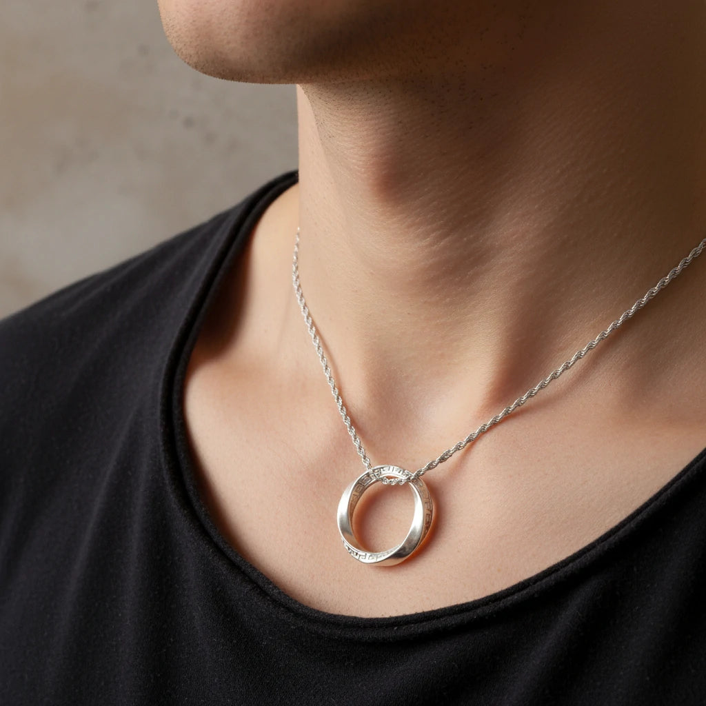 925 Sterling Silver Mobius Ring Pendant Necklace, Vintage Greek Key Eternity Jewelry