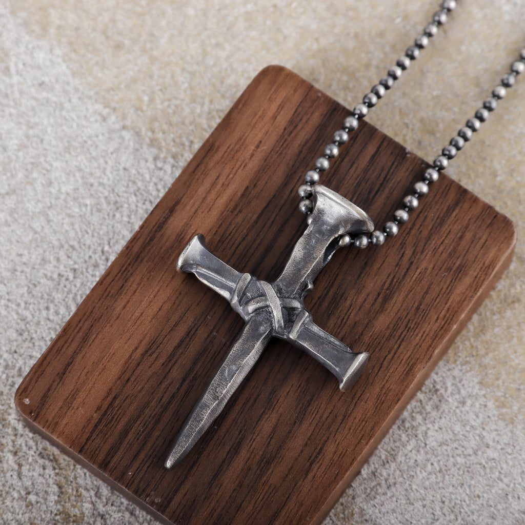 Sacred Grace Crucifixion Nails Cross Necklace, Oxidized 925 Sterling Silver Devotional Faith Pendant