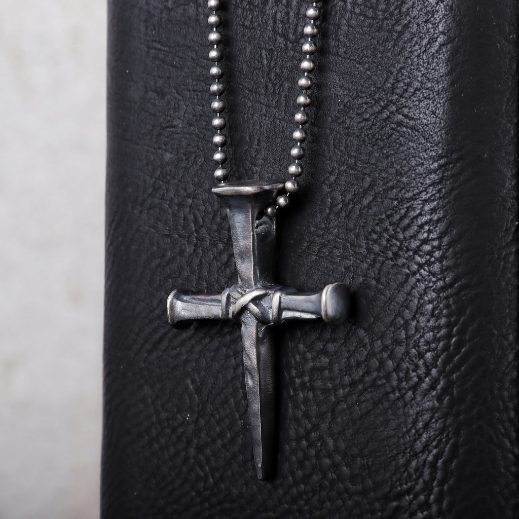 Sacred Grace Crucifixion Nails Cross Necklace, Oxidized 925 Sterling Silver Devotional Faith Pendant