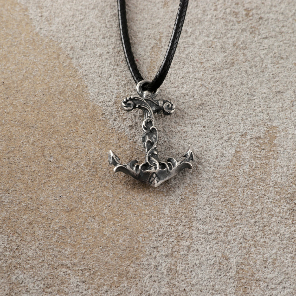 925 Sterling Silver Vintage Anchor Pendant Necklace, Baroque Nautical Sailor Charm Jewelry