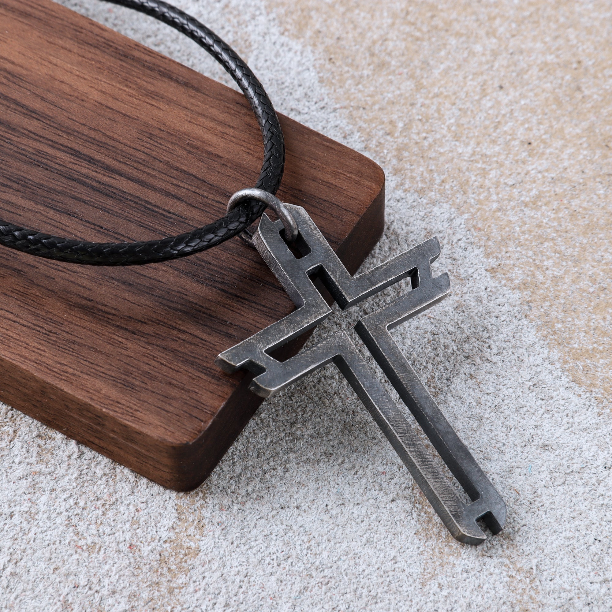 Sacred Path Hollow Cross Pendant, Oxidized 925 Sterling Silver Vintage Faith Amulet Necklace