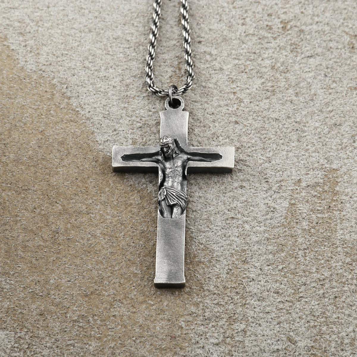 Divine Redemption Sunken Crucifix, Heavy Oxidized 925 Sterling Silver Talisman