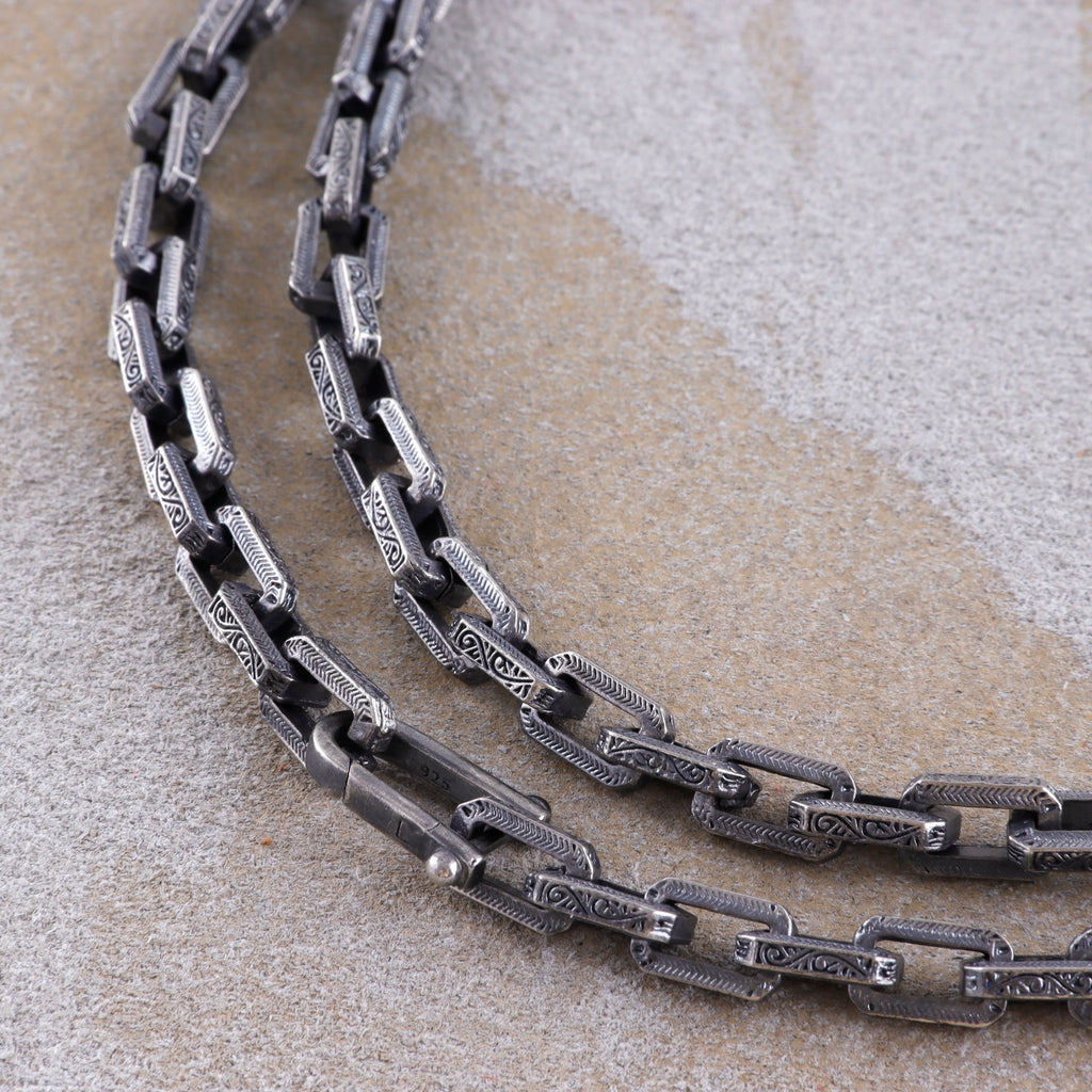 Men's Engraved Rectangle Link Chain • Oxidized Silver Necklace