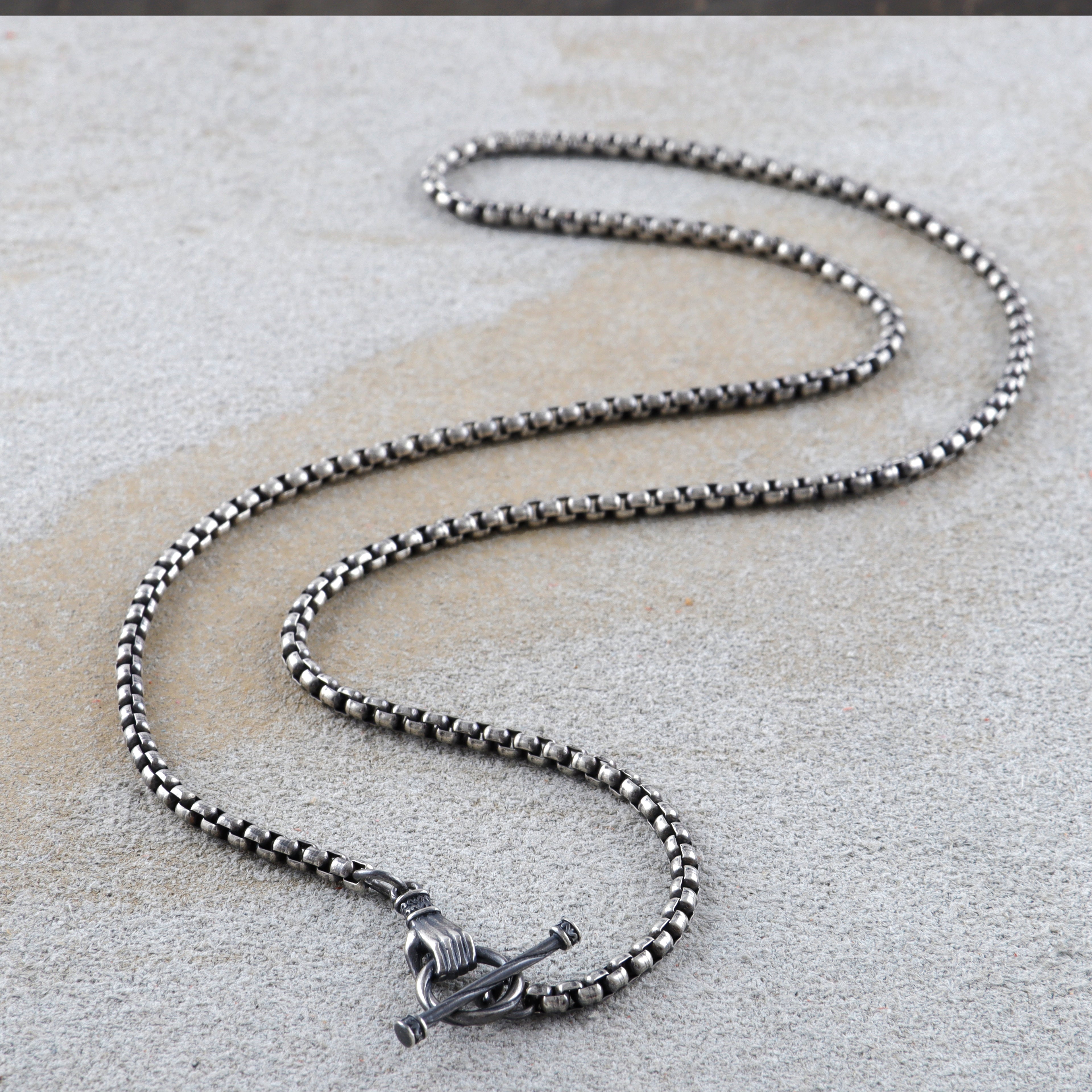 Vintage Silver Hand OT Toggle Box Chain Men Necklace Gift for Him Birthday-3mm-5mm Sizes