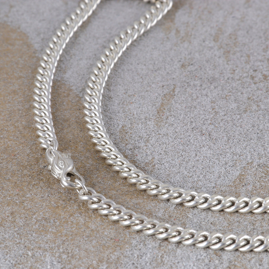 Sterling Silver Cuban Chain, Unique Dragon Head Lobster Clasp, 3mm–8mm Sizes, Birthday Gift for Men