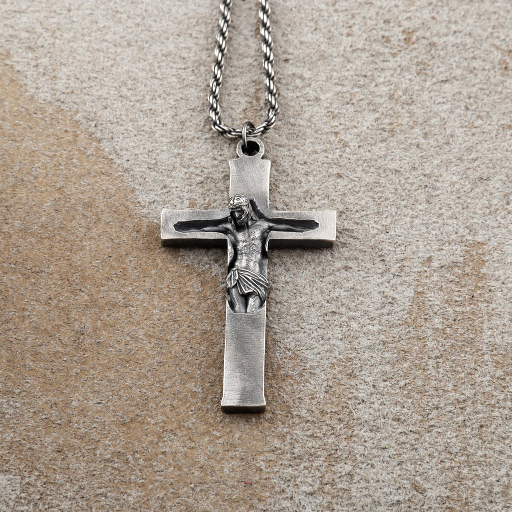 Divine Redemption Sunken Crucifix, Heavy Oxidized 925 Sterling Silver Talisman
