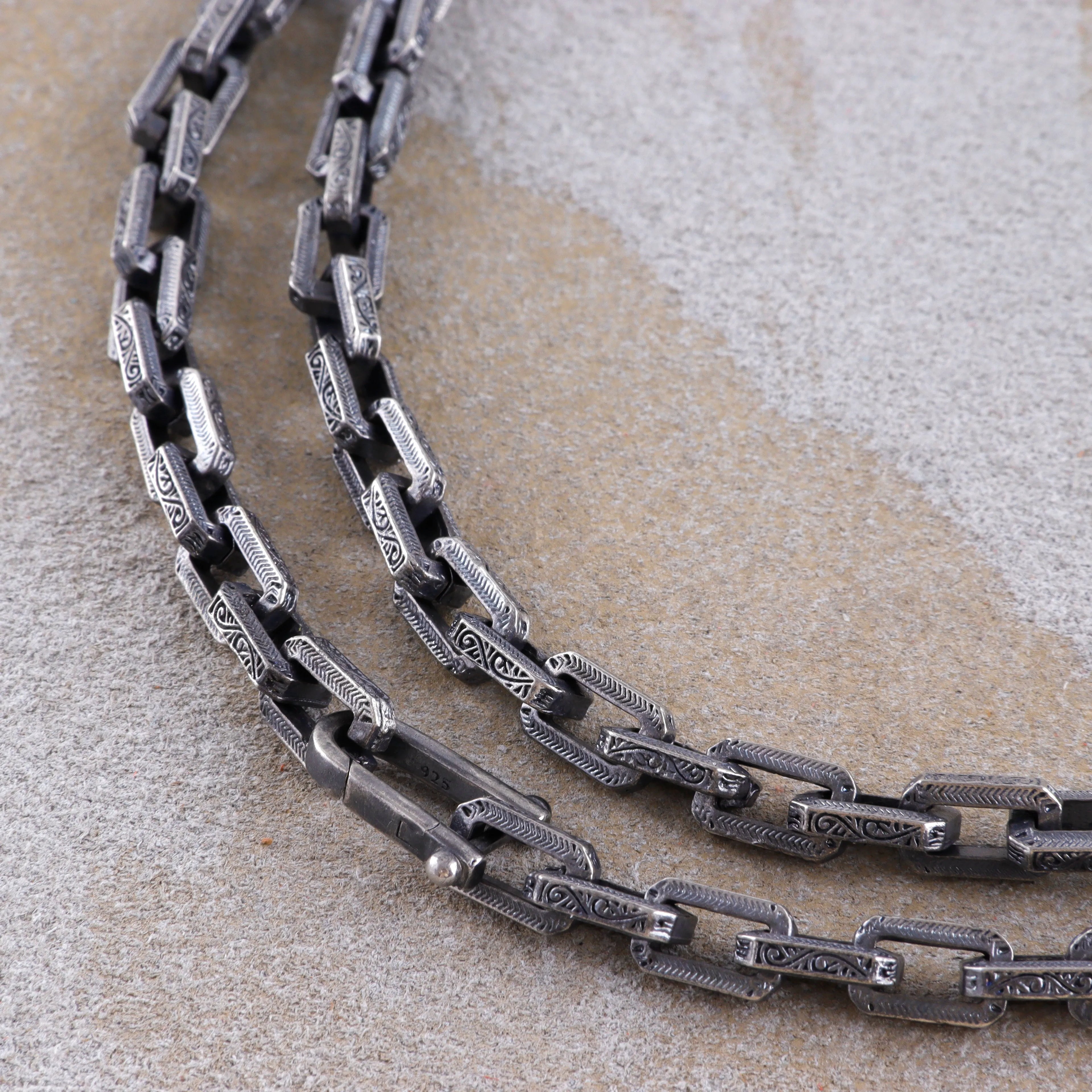 Men's Engraved Rectangle Link Chain • Oxidized 925 Sterling Silver Necklace